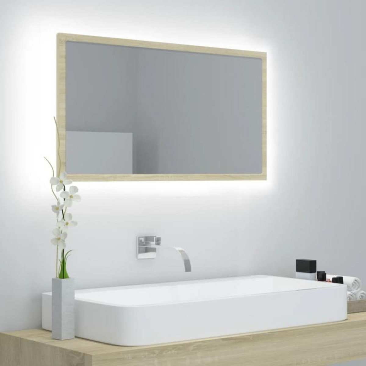 VIDAXL Miroir LED de salle de bain Chêne sonoma 80x8,5x37 cm Acrylique