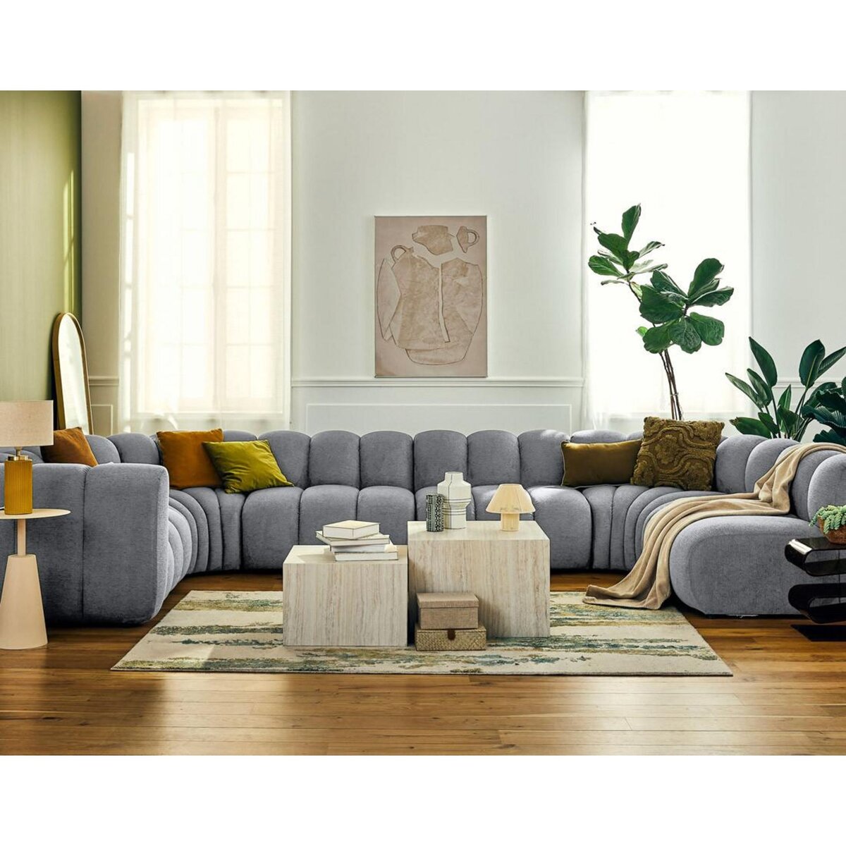 LISA DESIGN Debbie - canapé modulable panoramique d'angle droit 7 places en tissu texturé