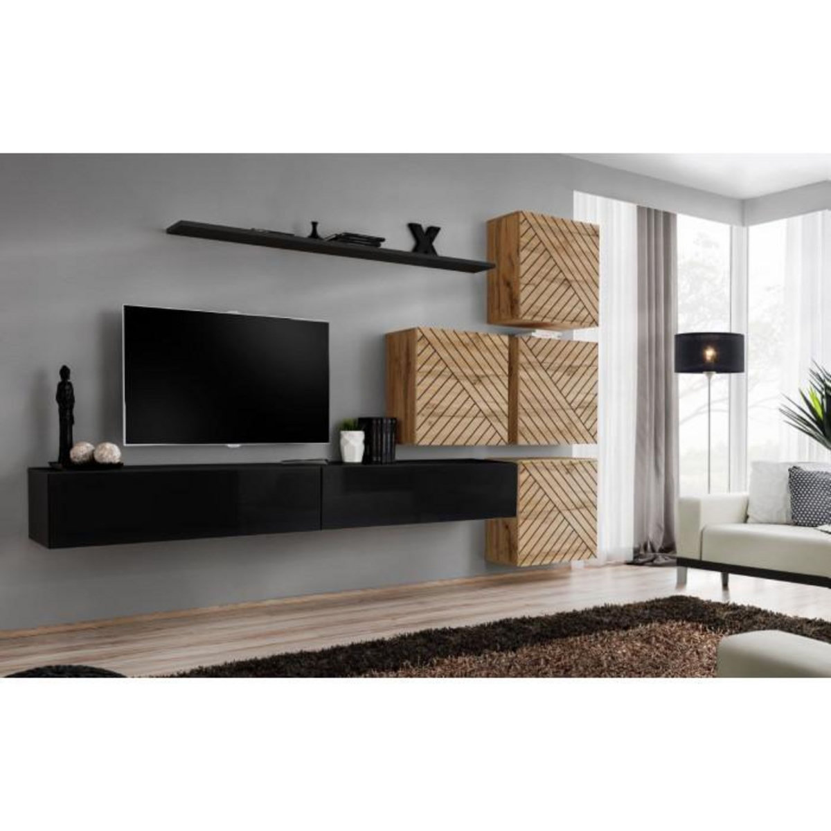 Paris Prix Ensemble Meuble TV  Switch Lamel IX  310cm Noir & Naturel
