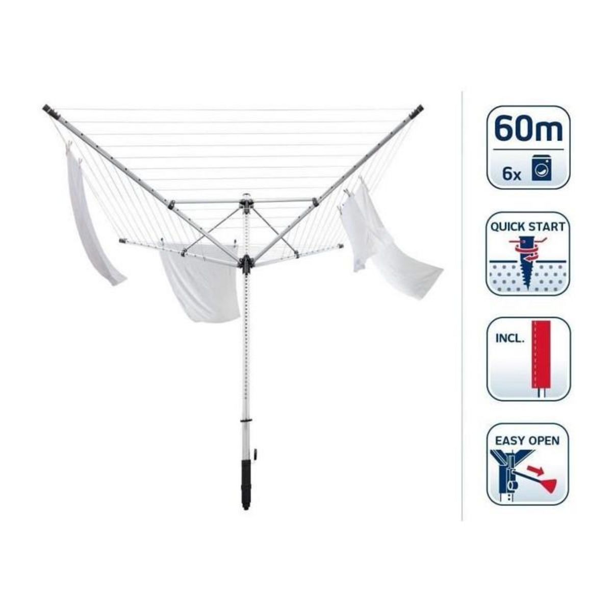 Leifheit Leifheit 85282 Séchoir jardin parapluie LinoLift 600 QuickStart, 60 m, housse de protection, hauteur ajustable