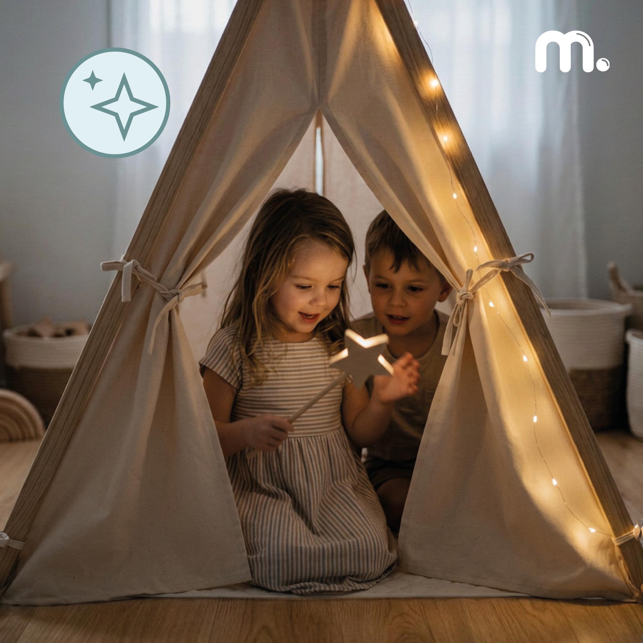 Voir la diapositive 2 : MAMABRUM Tente Tipi Enfant avec Guilande Lumineuse et Tapis de Jeu - Structure Bois 110x90x120cm LED Mamabrum