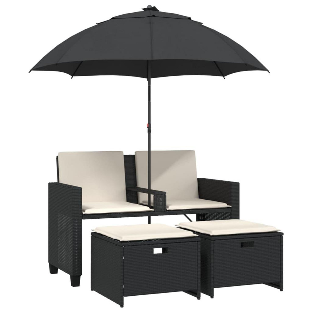 VIDAXL Canape de jardin 2 places avec parasol et tabourets noir rotin