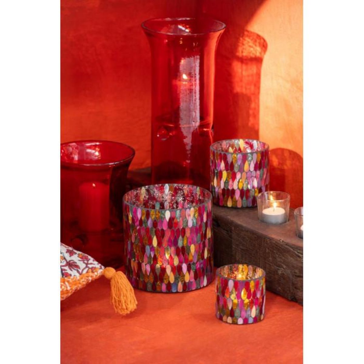 Paris Prix Lot de 3 Photophores en Verre  Mexican  30cm Rouge