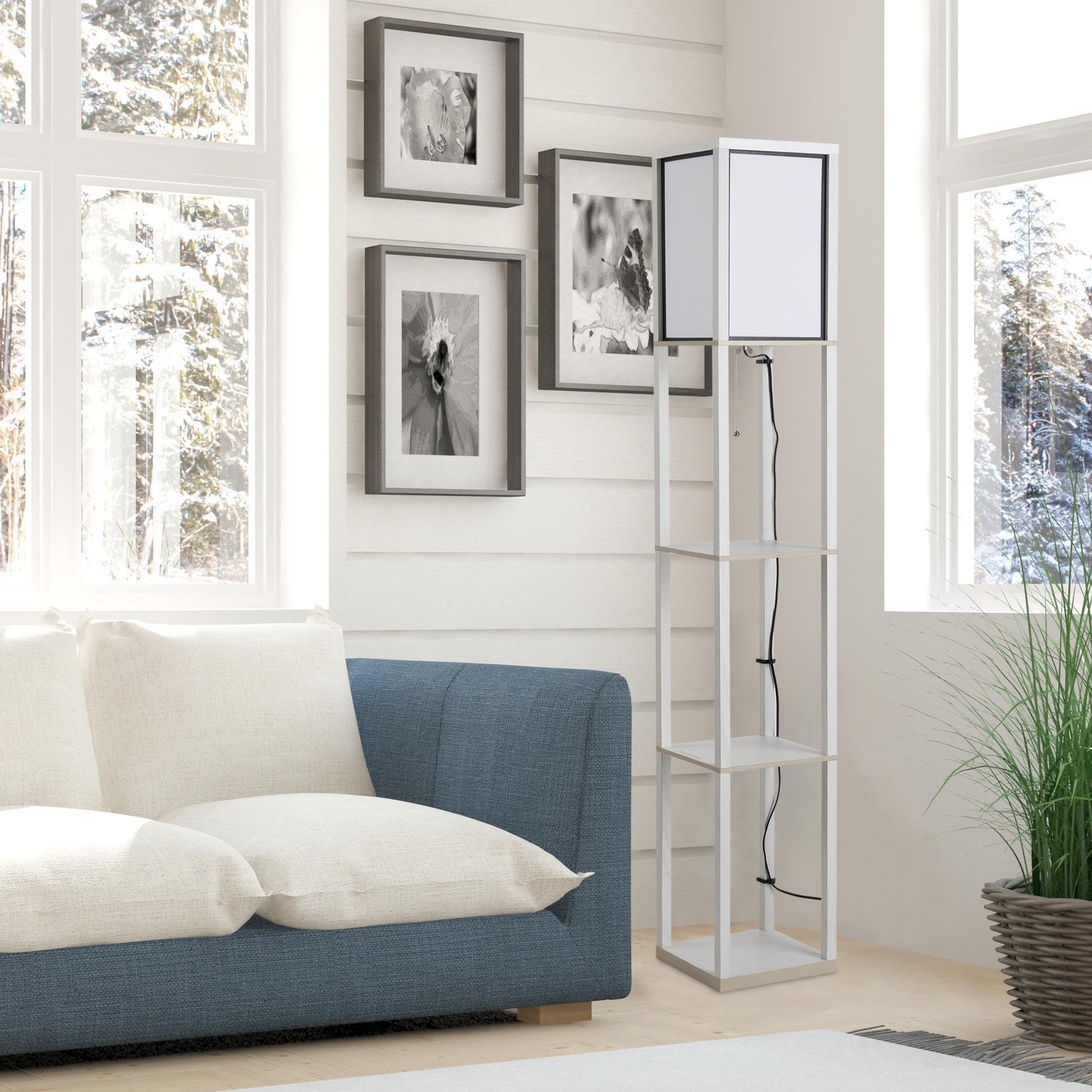 Voir la diapositive 2 : HOMCOM Lampadaire étagère lampe étagère 26l x 26l x 160h cm 3 étagères 4 niveaux mdf blanc