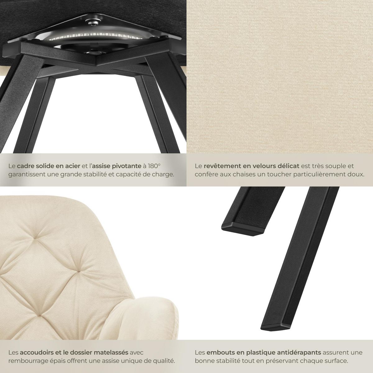 tectake Fauteuil pivotant en velours avec accoudoirs rembourré avec motif matelassé crème Lot de 6