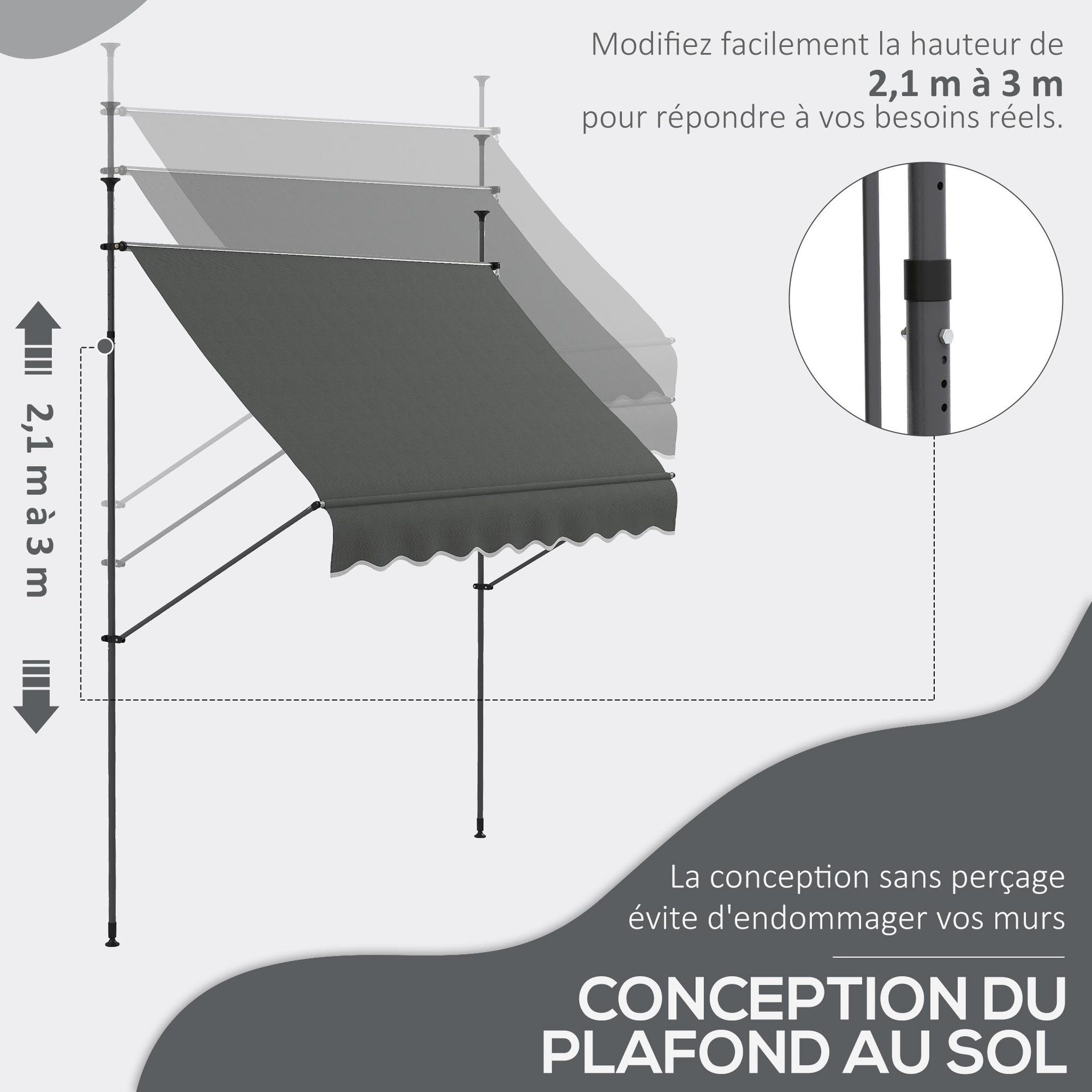 Voir la diapositive 4 : OUTSUNNY Store banne autoportant manuel rétractable 2,5L x 1,2l x 2,1-3H m inclinaison réglable métal alu polyester gris