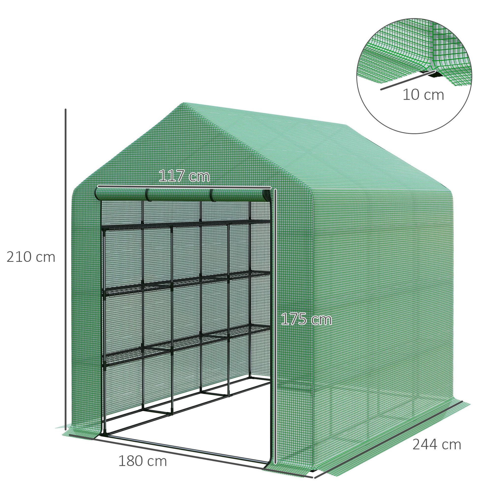 Voir la diapositive 3 : OUTSUNNY Serre de jardin 6 étagères dim. 244l x 180l x 210h cm porte enroulable acier noir bâche pe vert