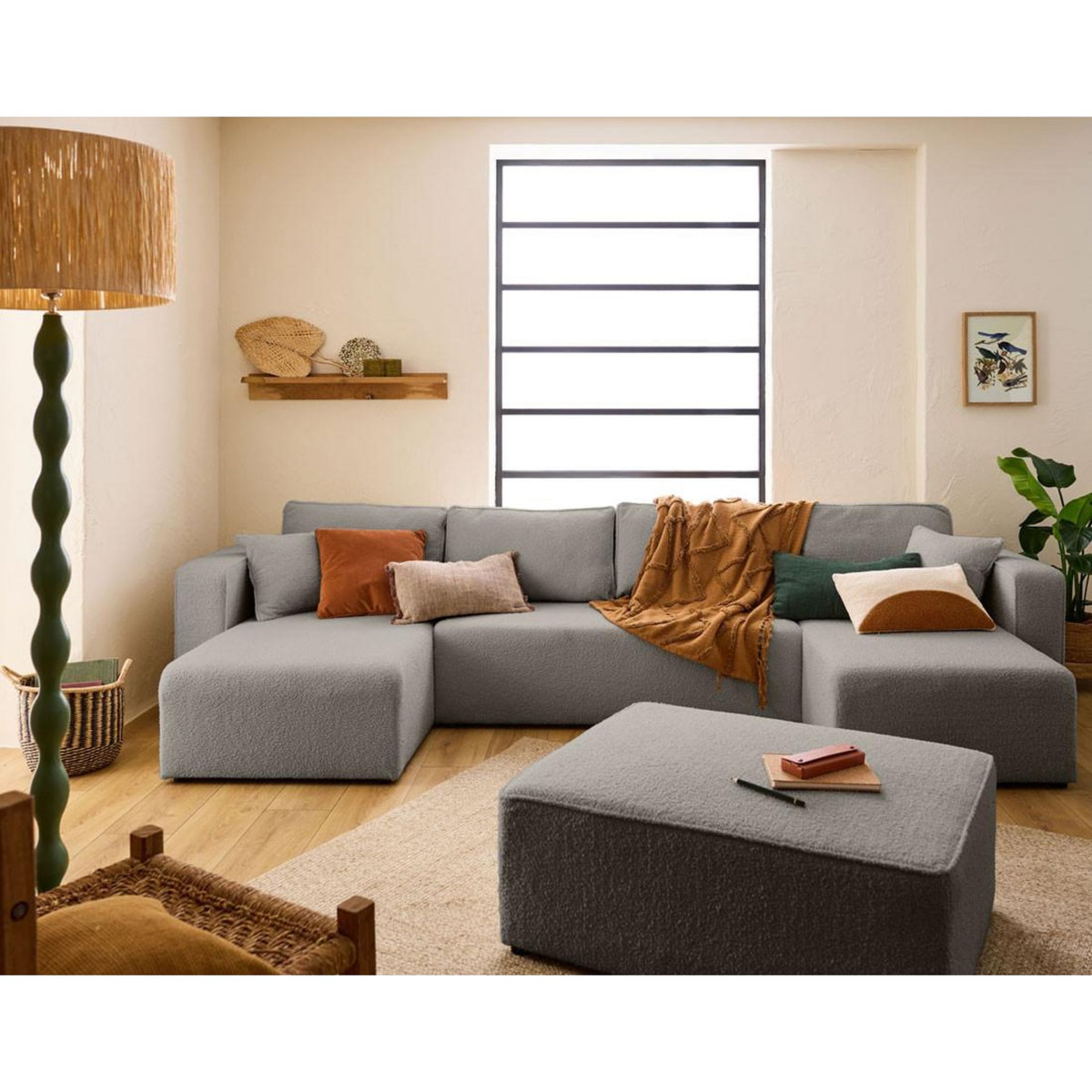 BEST MOBILIER Topaze - canapé panoramique en u - 7 places - convertible avec coffre - en tissu bouclette