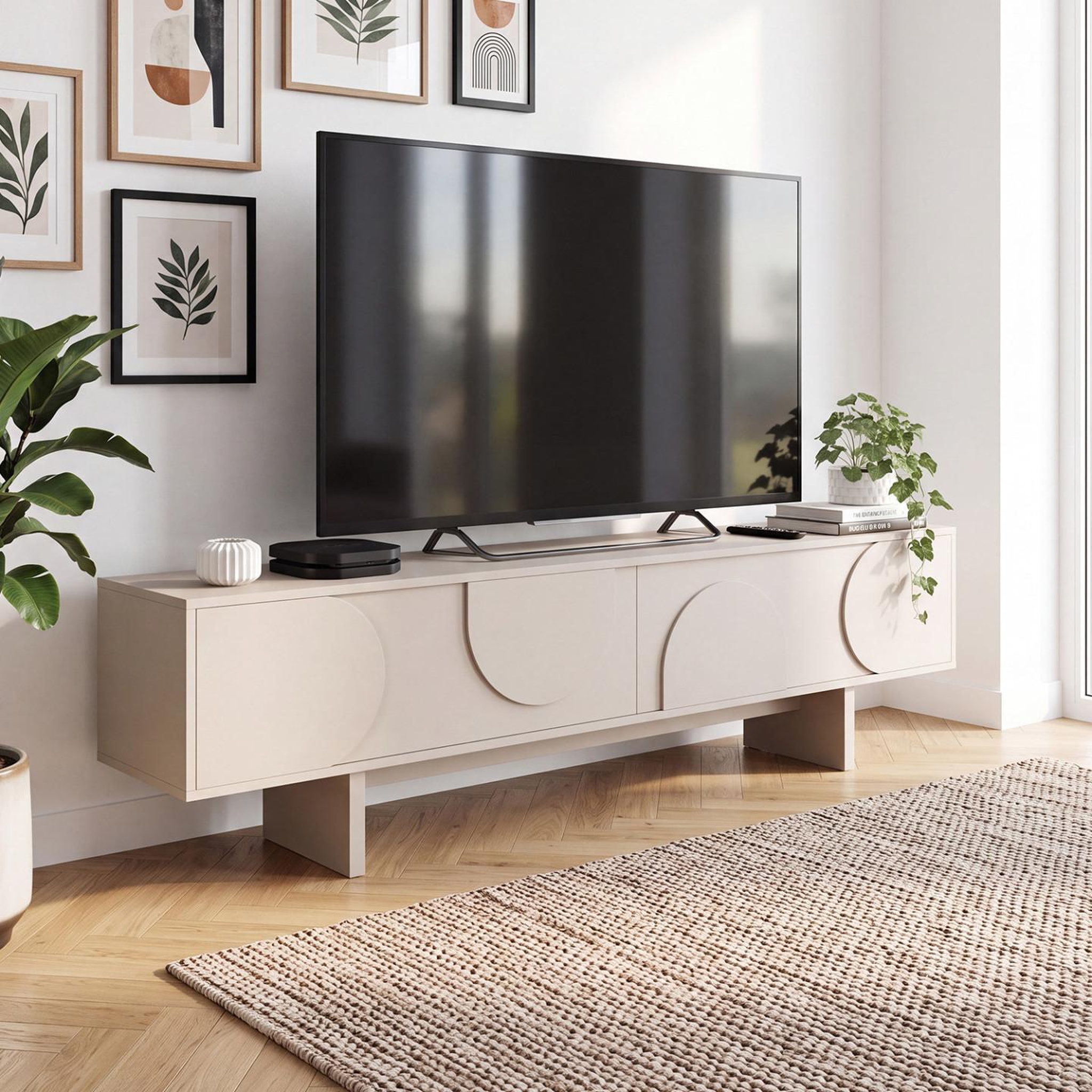 Voir la diapositive 2 : ID MARKET Meuble TV 180 cm ARVIN 2 portes avec reliefs arrondis bois coloris beige