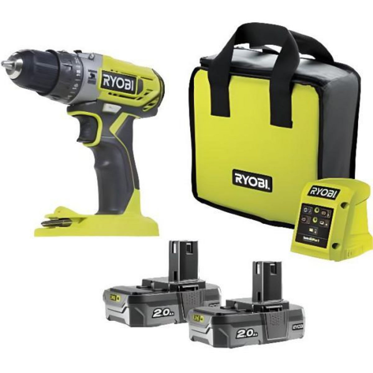 Ryobi RYOBI - Perceuse a percussion compacte 18V ONE+ - 40 Nm - mandrin 10 mm + 2 batteries 2,0 Ah, chargeur, sac - R18PD2-220S