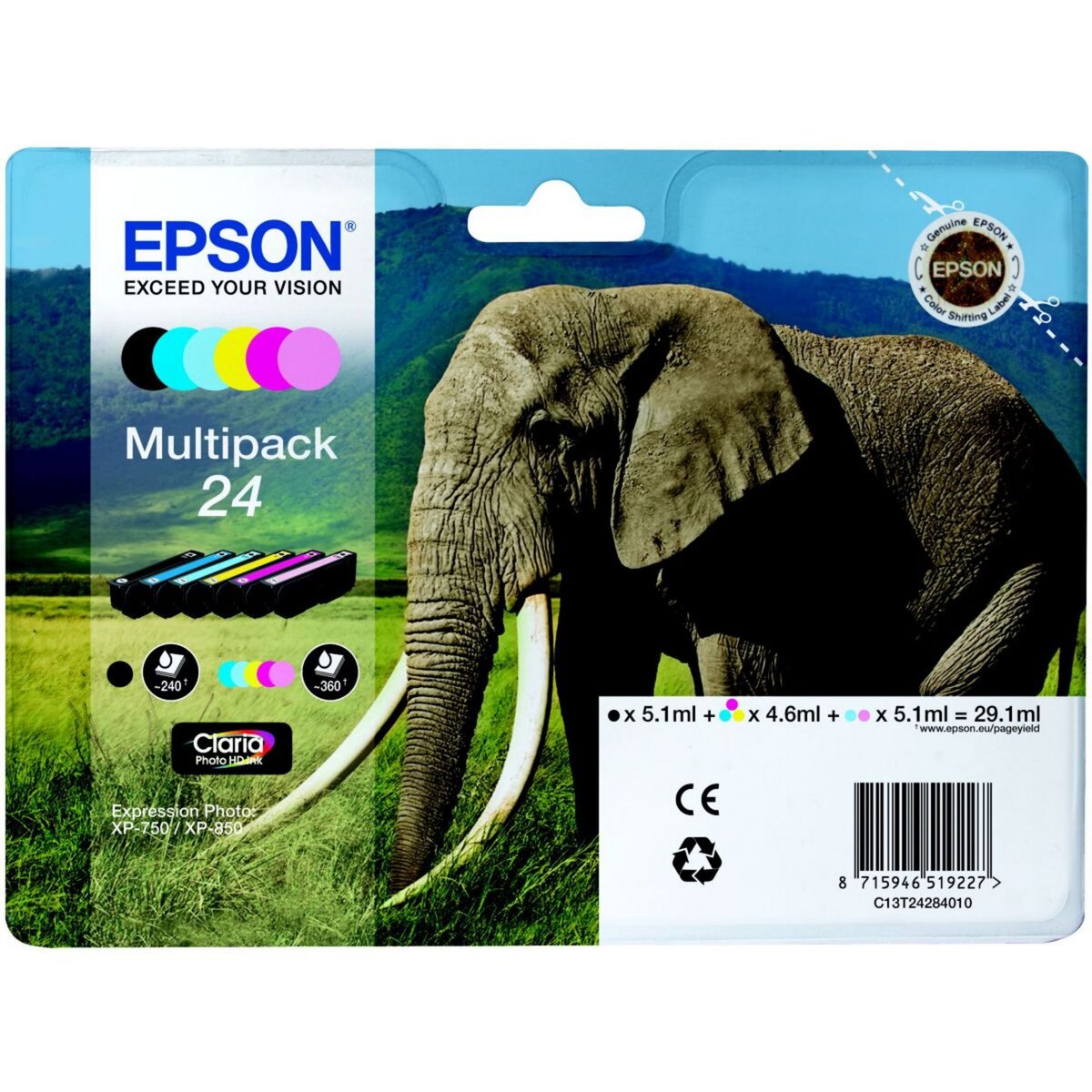Epson Cartouche d'encre T2428 N/C/M/J/CC/MC Série Eléphant