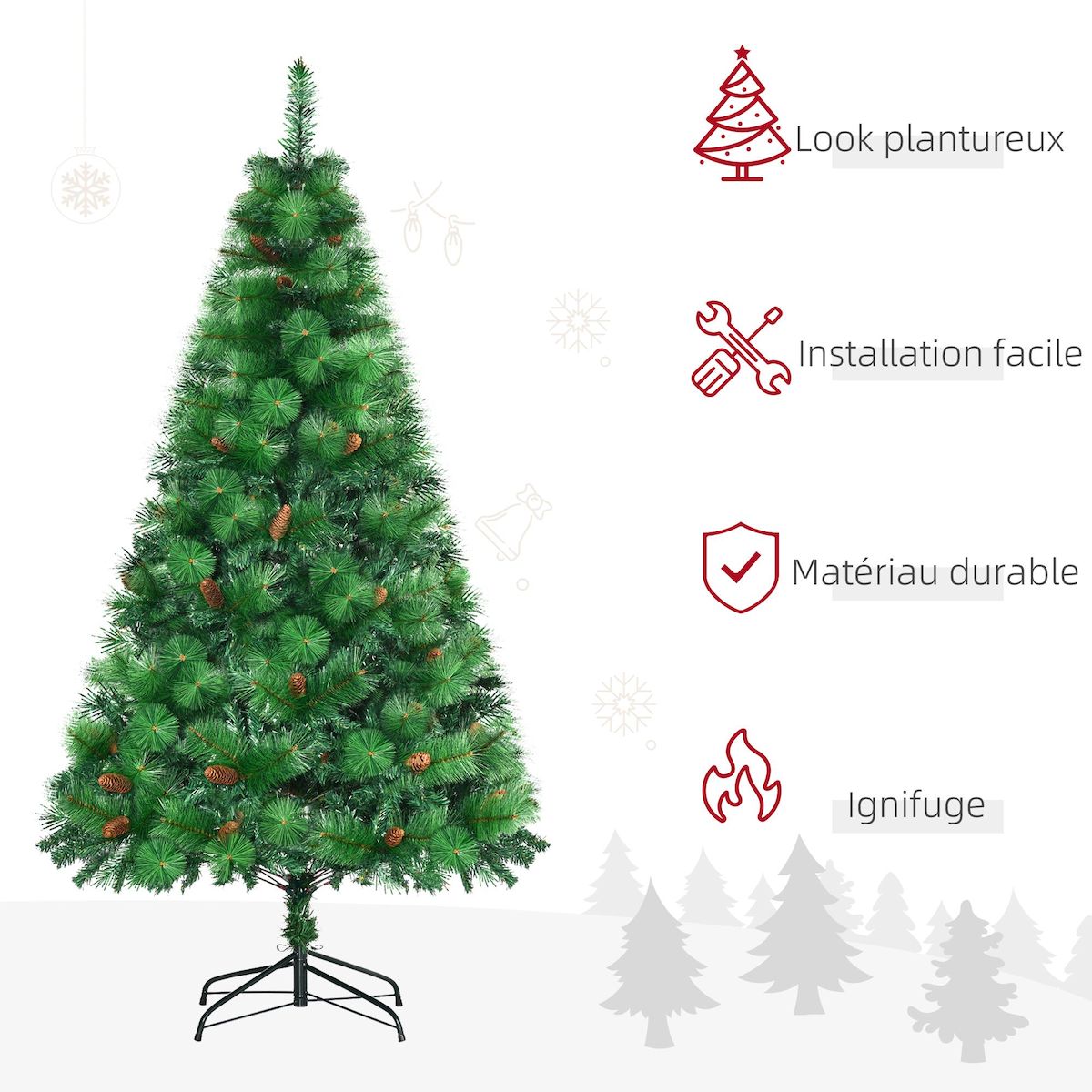 HOMCOM Sapin de Noël artificiel 782 branches épines grand réalisme avec pommes de pin - hauteur 180 cm vert