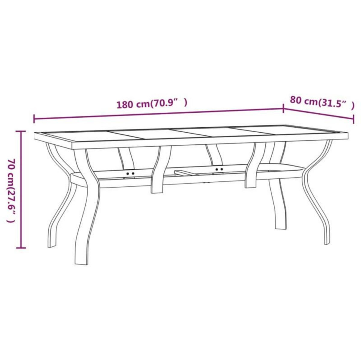 VIDAXL Table de jardin Marron et noir 180x80x70 cm Acier et verre
