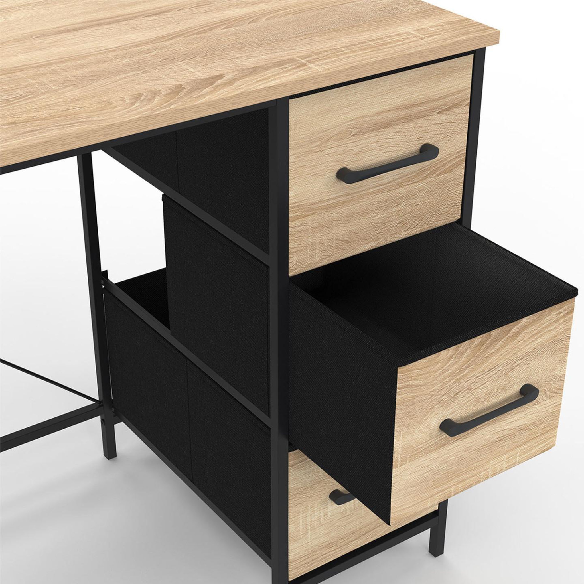 Voir la diapositive 5 : ID MARKET Bureau 3 tiroirs en tissu utah bois et noir design industriel