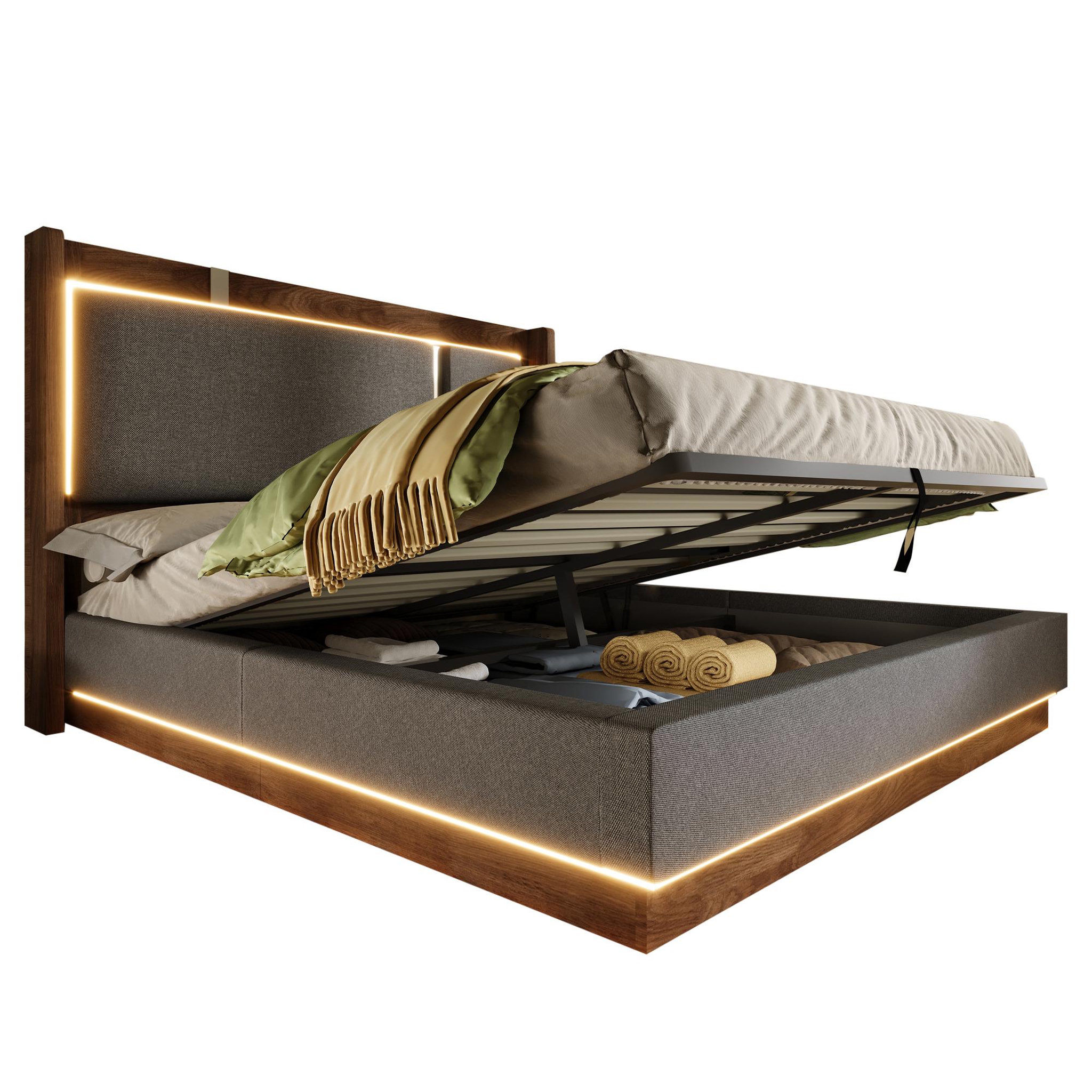 Voir la diapositive 1 : MERAX Lit double avec rangement hydraulique led tissu lin