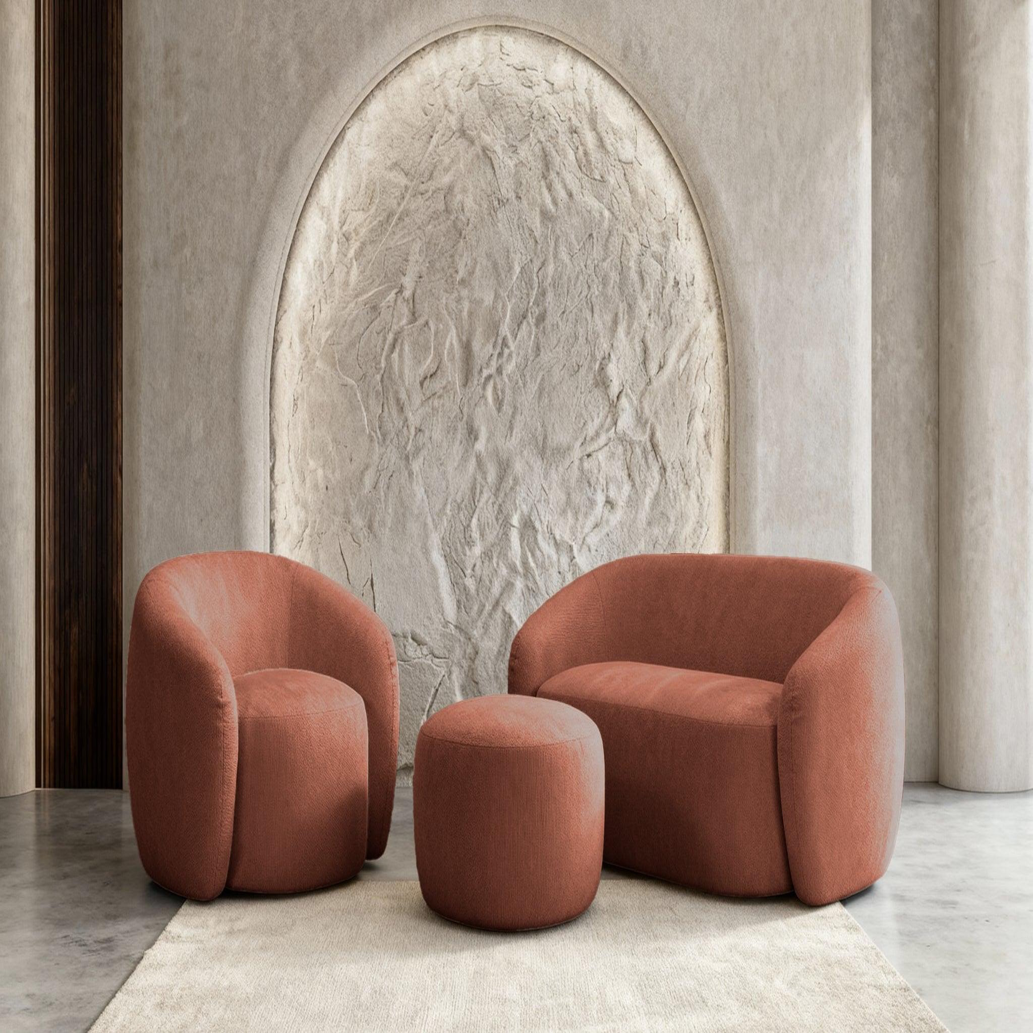 Voir la diapositive 2 : CASANOVA PARIS Aurelie - pack canapé droit 2 places + fauteuil + pouf tissu