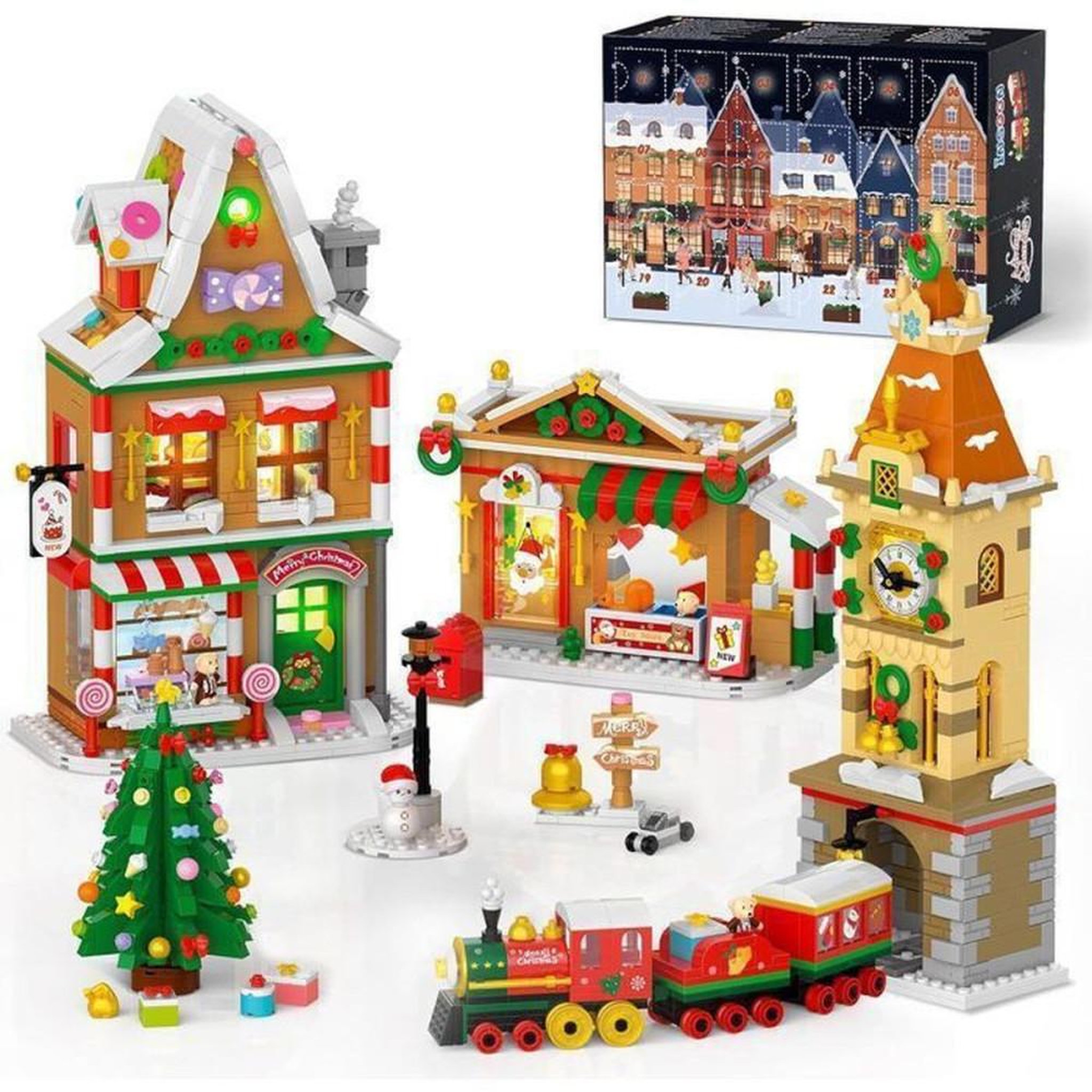 Kit calendrier de l'Avent 2026 INSOON en briques de construction de Noël, 1 759 pièces, 24 jours, 3 bâtiments avec lumières LED chaudes