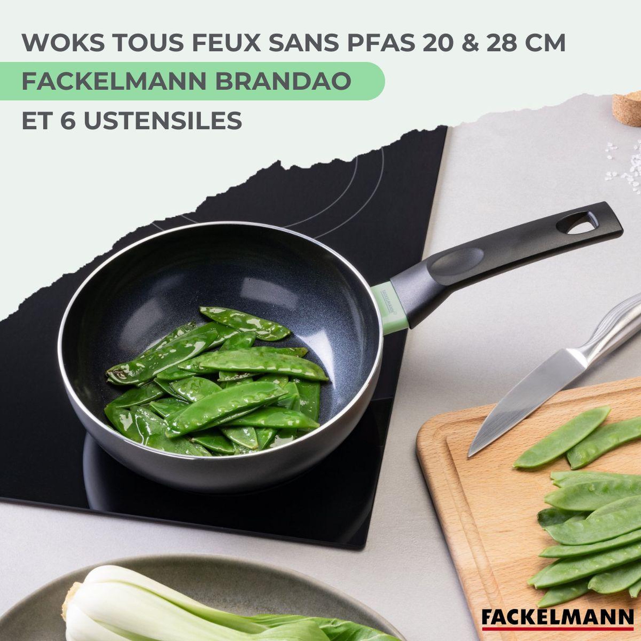 Voir la diapositive 2 : Fackelmann Set de 2 woks de 20 et 28 cm et 6 ustensiles fackelmann brandao