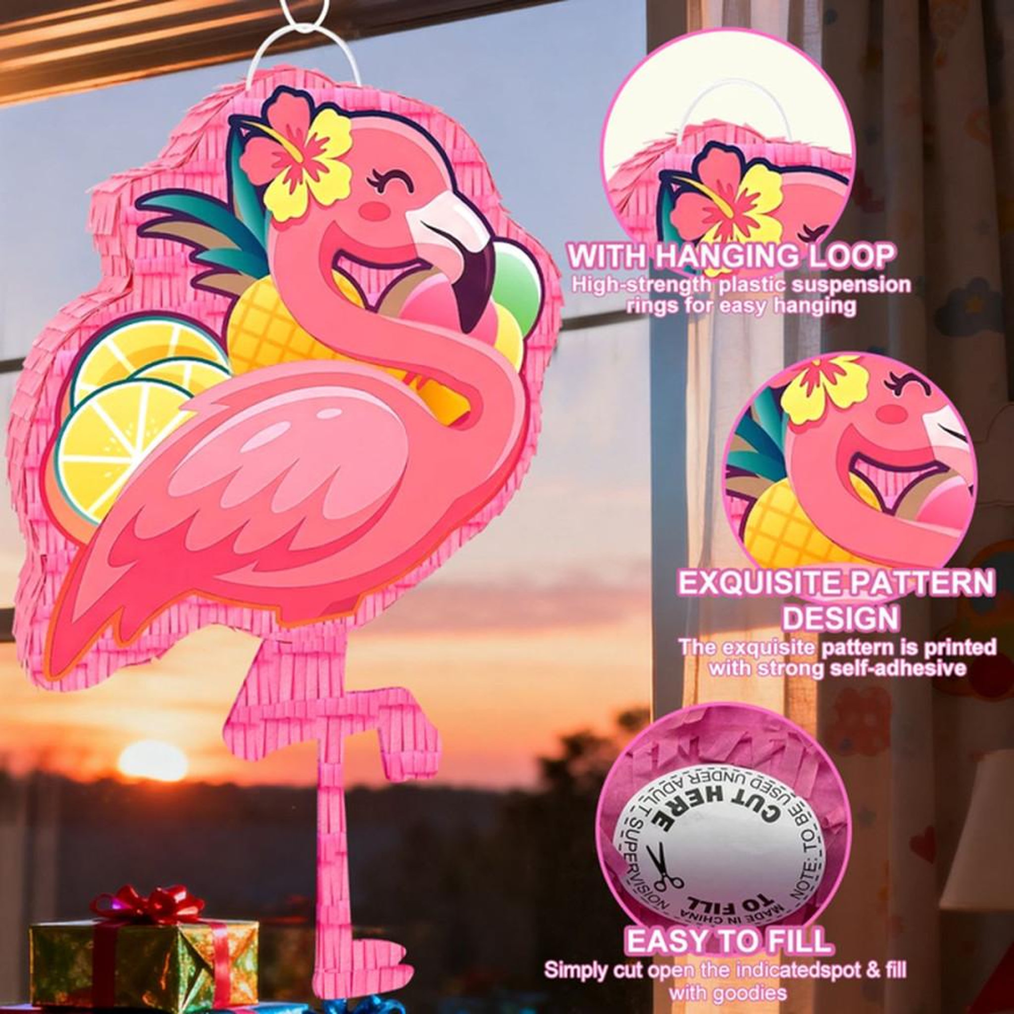 Voir la diapositive 5 : Piñata flamant rose tropical 58 cm, kit décoration hawaïenne avec bâton et masque de jeu