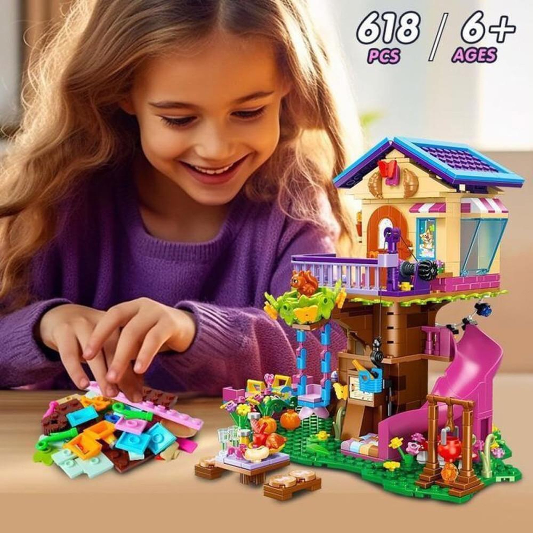 Voir la diapositive 3 : Kit de construction cabane dans les arbres 3 étages avec LED, toboggan et accessoires, 618 pièces, pour enfants dès 8 ans
