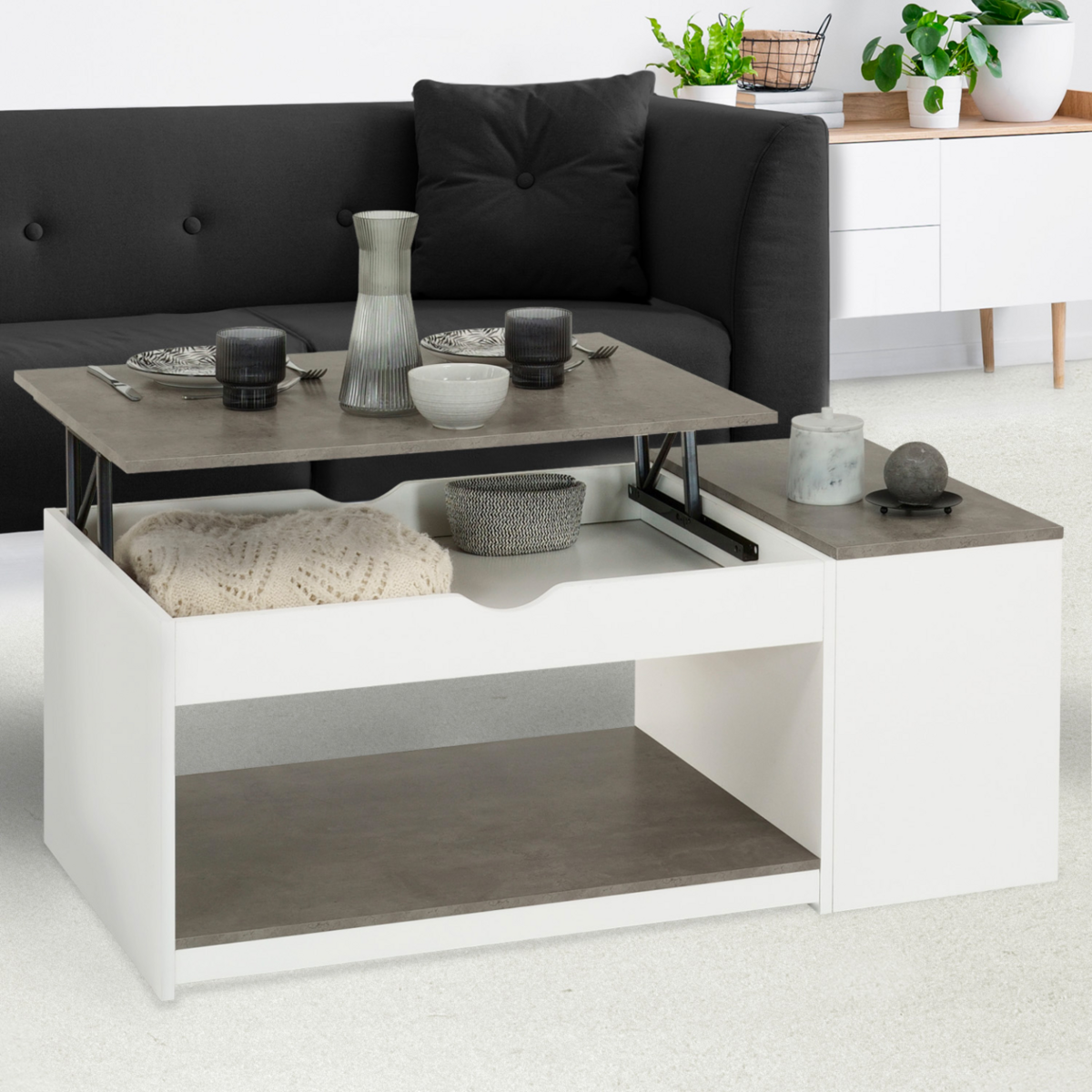 ID MARKET Table basse plateau relevable rectangulaire ELEA avec coffre bois blanc et effet béton
