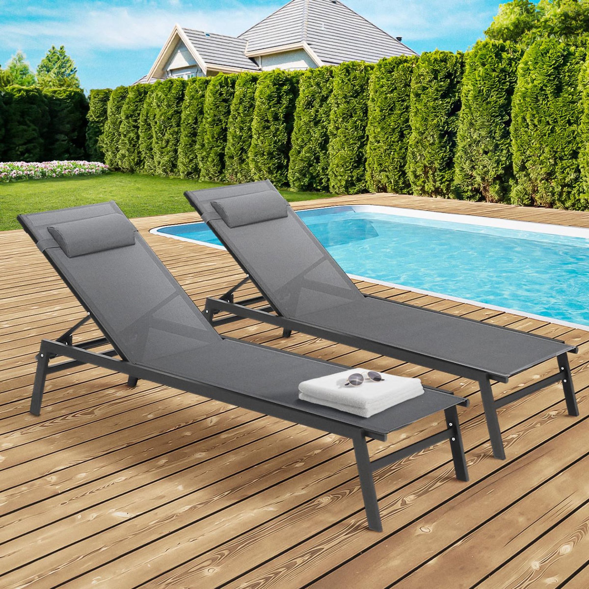 ID MARKET Lot de 2 transats de jardin inclinables en aluminium SINTRA gris anthracite et noir
