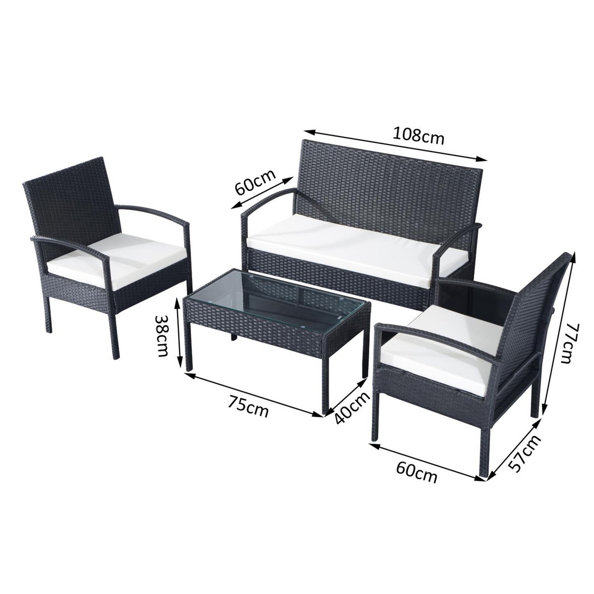 OUTSUNNY Outsunny Ensemble salon de jardin 4 places : canapé, 2 fauteuils et table basse plateau verre trempé résine tressée 4 fils  imitation rotin noir coussins blanc