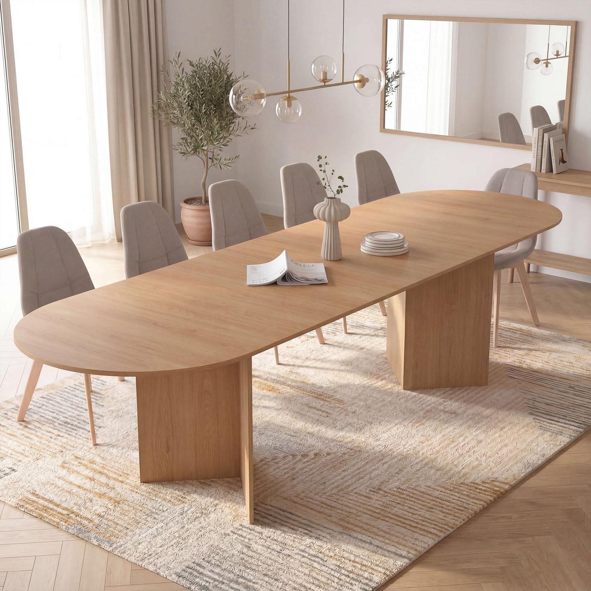 Voir la diapositive 2 : ID MARKET Table à manger extensible ovale marthe 6-12 personnes bois façon hêtre 200-300 cm