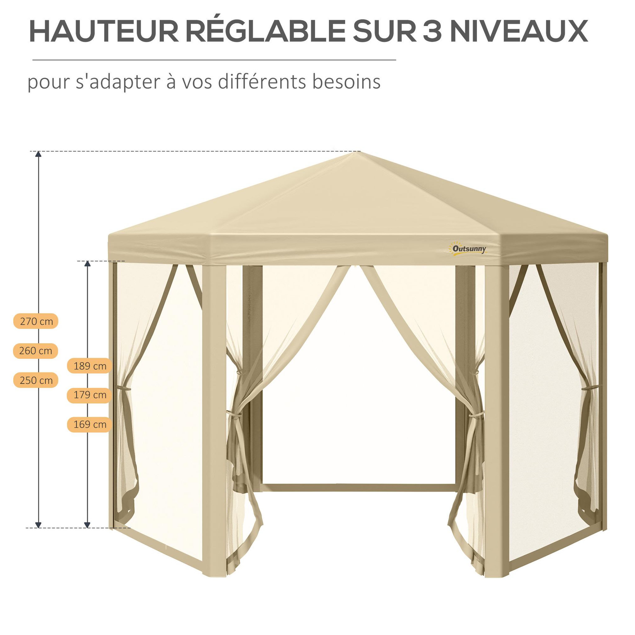 Voir la diapositive 5 : OUTSUNNY Tonnelle barnum pliant pop-up style colonial 3,06L x 3,06l x 2,7H m hauteur réglable moustiquaires sac de transport inclus beige