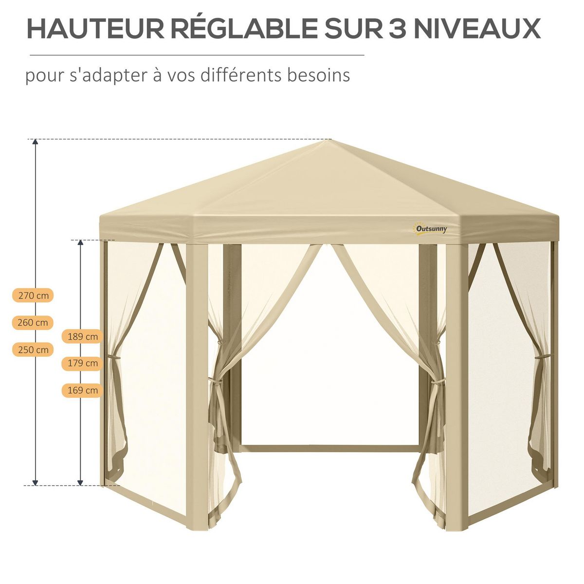 OUTSUNNY Tonnelle barnum pliant pop-up style colonial 3,06L x 3,06l x 2,7H m hauteur réglable moustiquaires sac de transport inclus beige
