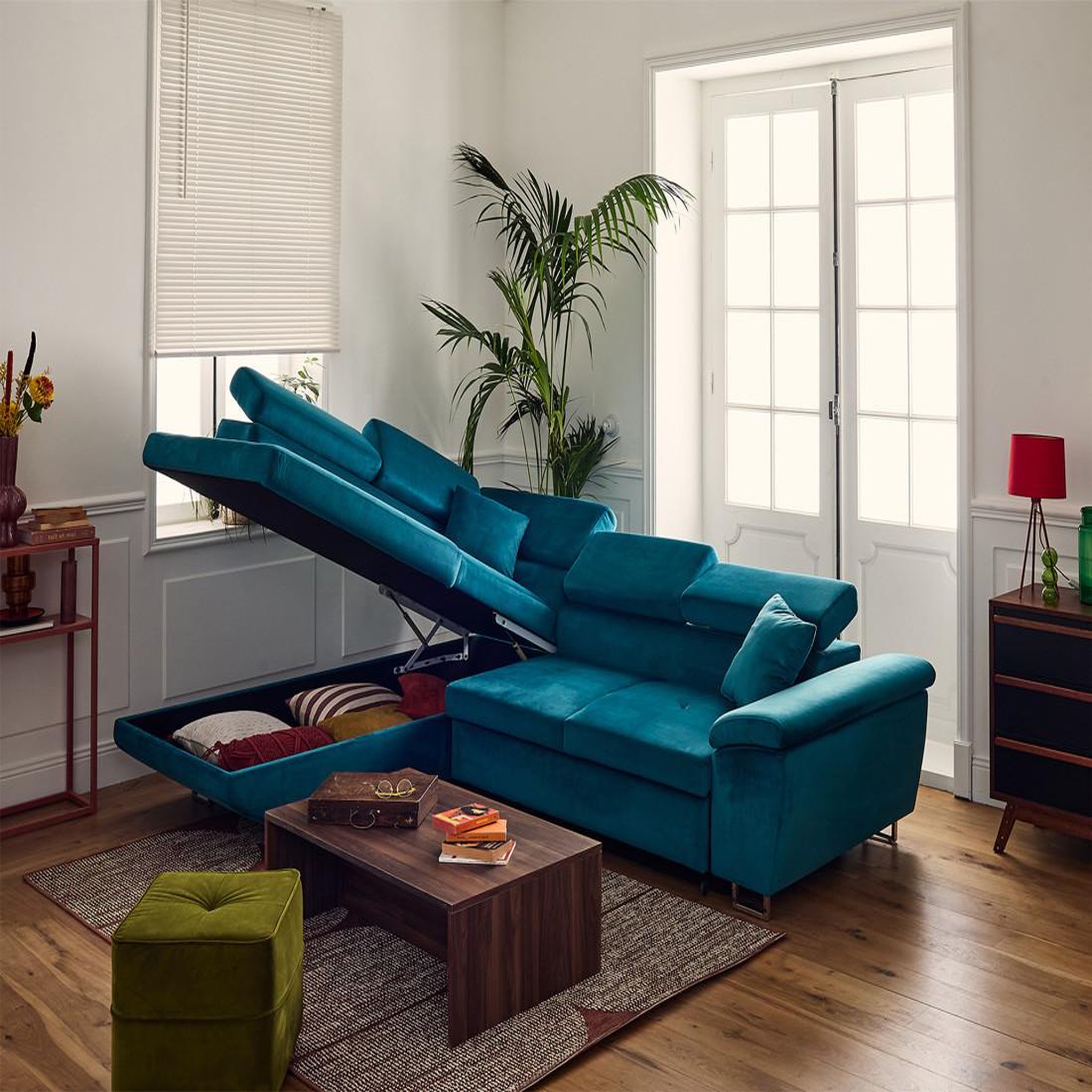 Voir la diapositive 2 : BEST MOBILIER Dimas - canapé d'angle gauche 5 places - convertible avec coffre et têtières réglables - en velours