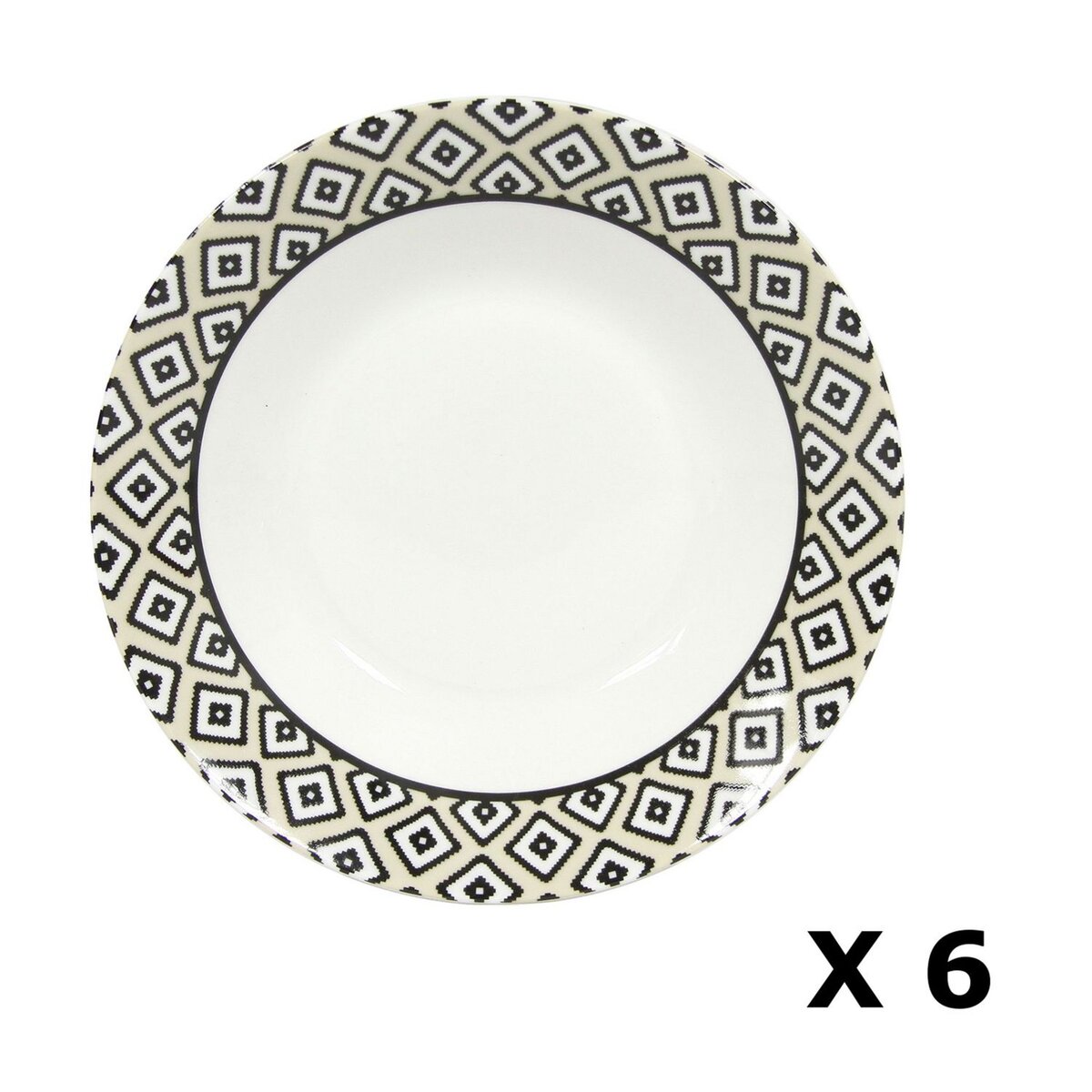 TOILINUX 6 Assiettes creuses en porcelaine Kumasi - Diam. 20 cm - Blanc et noir