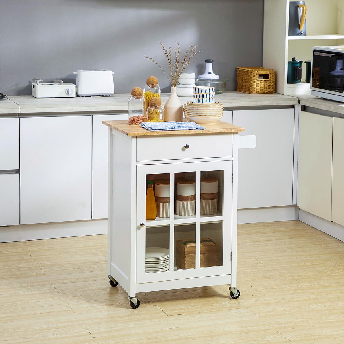 HOMCOM Desserte de cuisine à roulettes multi-rangement - placard porte vitrée avec étagère réglable, tiroir, porte-torchon - blanc aspect chêne clair