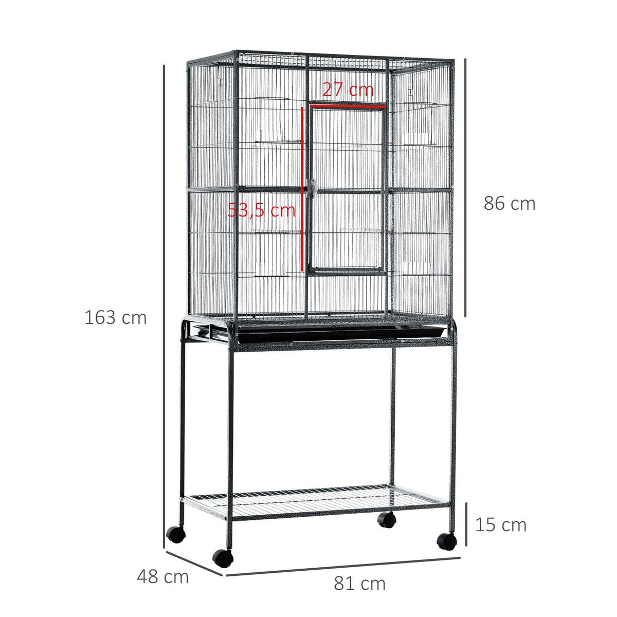 PAWHUT PawHut Cage à Oiseaux Portable avec 4 Mangeoires et 4 Perchoirs Pratique 81 x 48 x 163 cm Noir et Gris