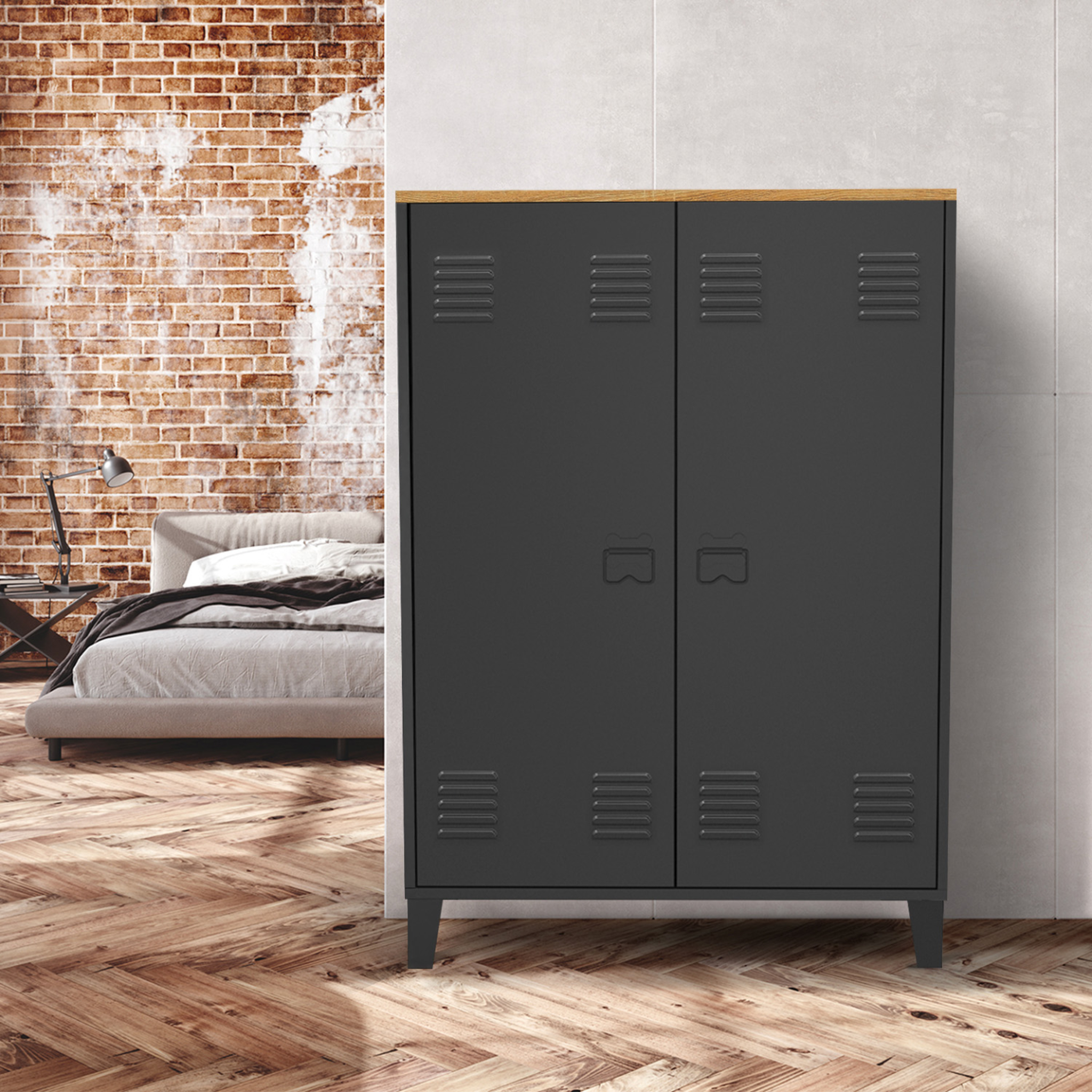 Voir la diapositive 2 : ID MARKET Armoire basse ester 2 portes métal noir et plateau bois design industriel