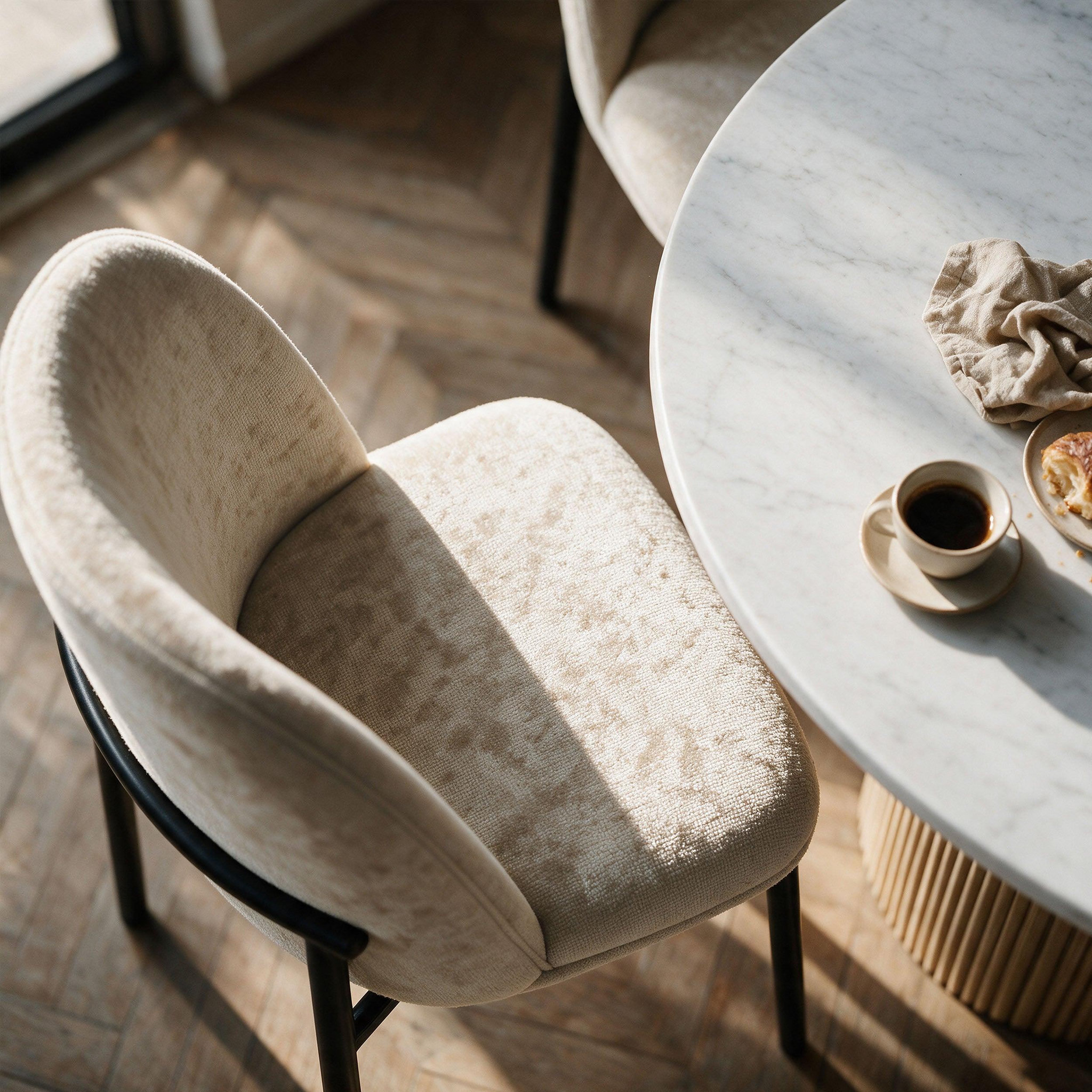 Voir la diapositive 6 : MAISON PAVANE Lot de 2 chaises en tissu beige et pieds métal noir-Noah