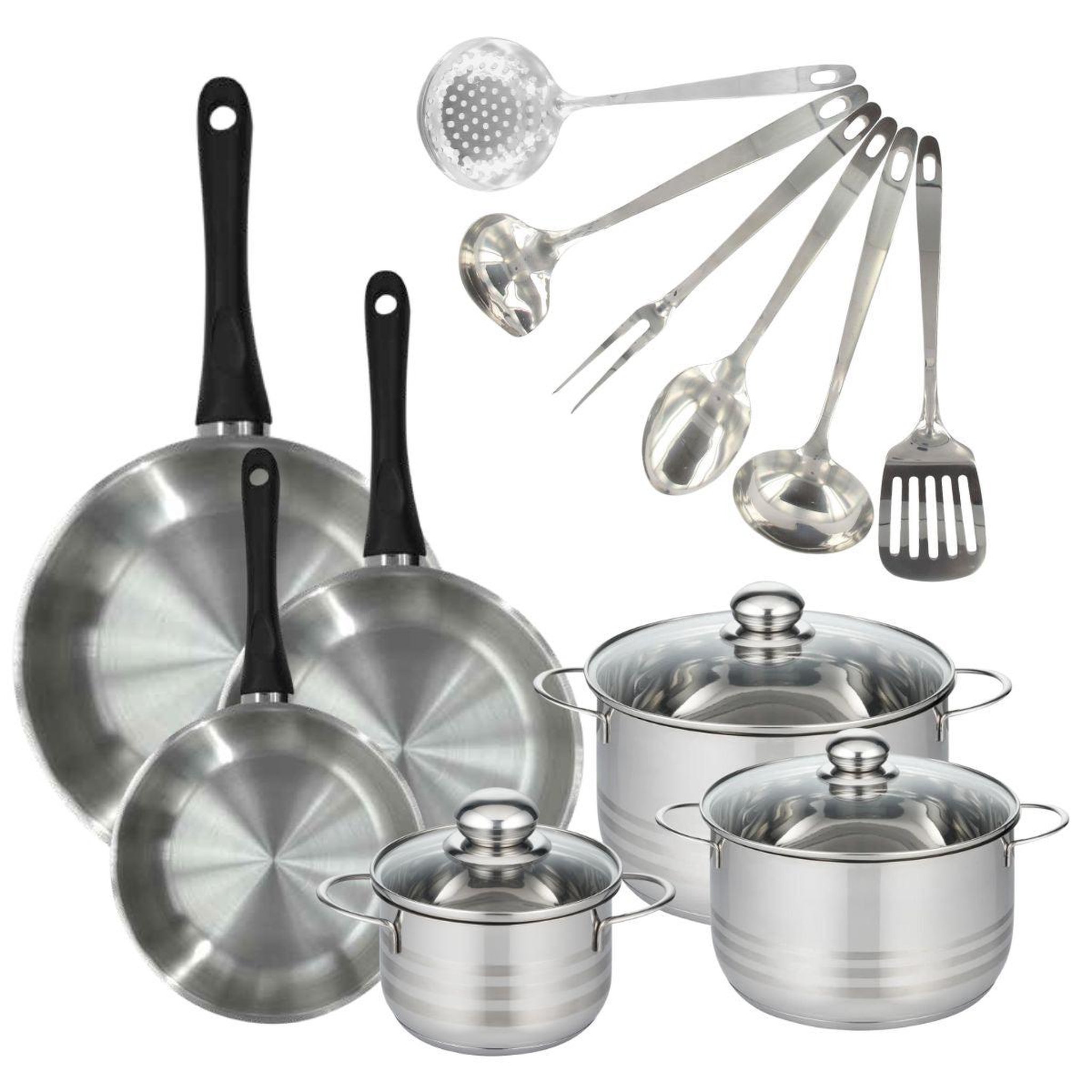 Fackelmann Batterie de cuisine avec 3 poêles 20/24/28 cm et 3 faitouts 16/20/24 cm avec 6 ustensiles de cuisine sans pfas fackelmann généva brillant oxford