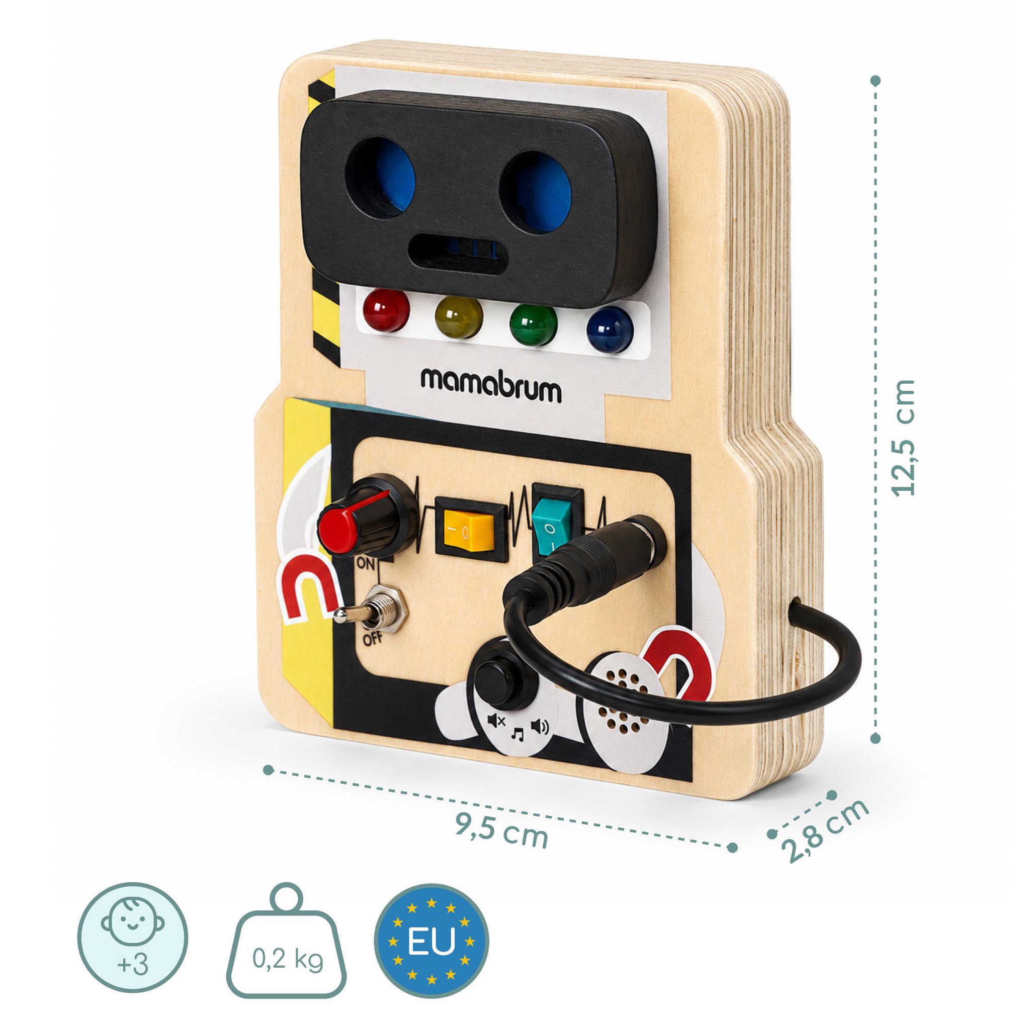 Voir la diapositive 3 : MAMABRUM Tableau Activites Robot Bois Mamabrum Boutons LED Interrupteurs Câble 3 Ans+