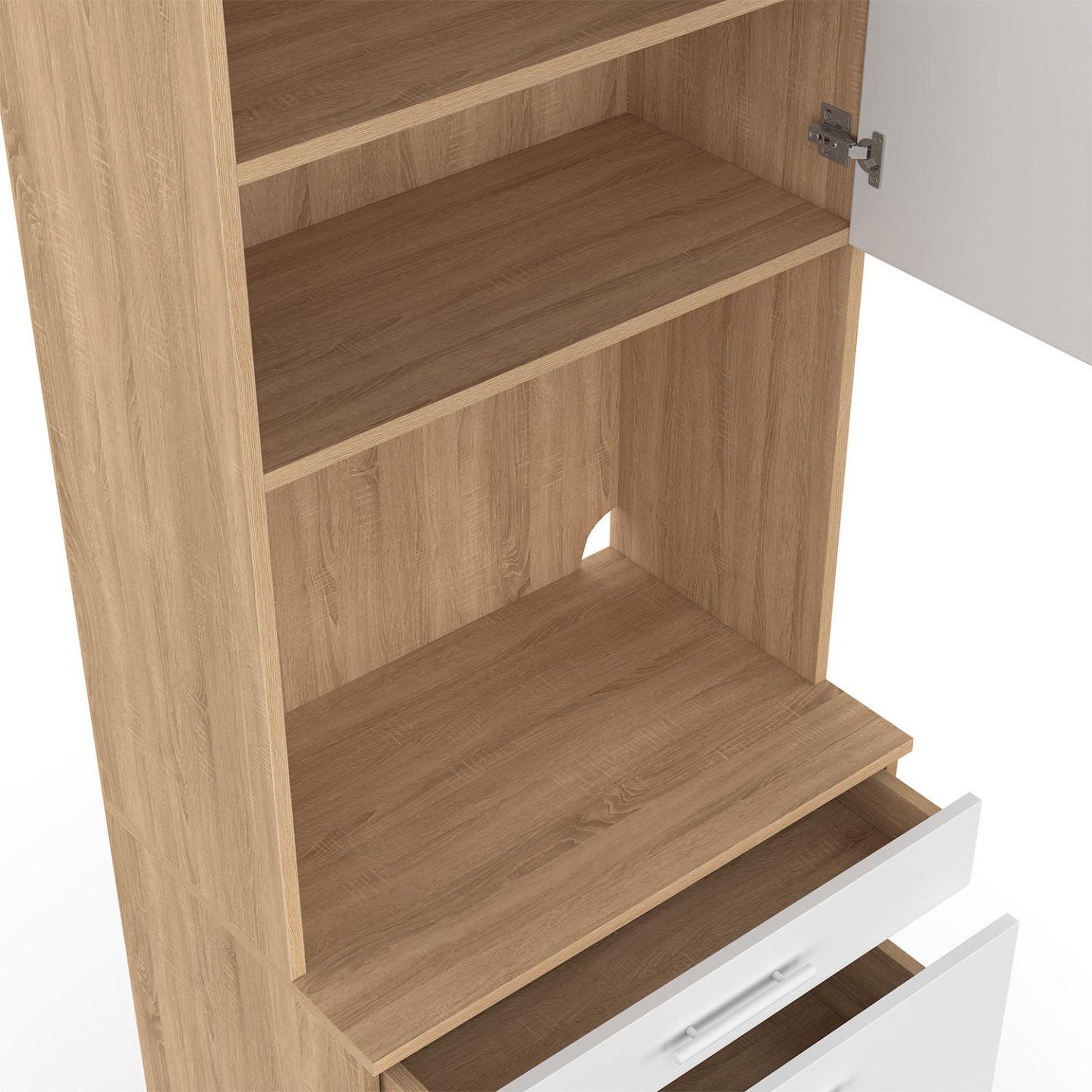 Voir la diapositive 6 : ID MARKET Colonne de cuisine micro-ondes et casserolier 60 cm cina 2 portes façon hêtre et blanc
