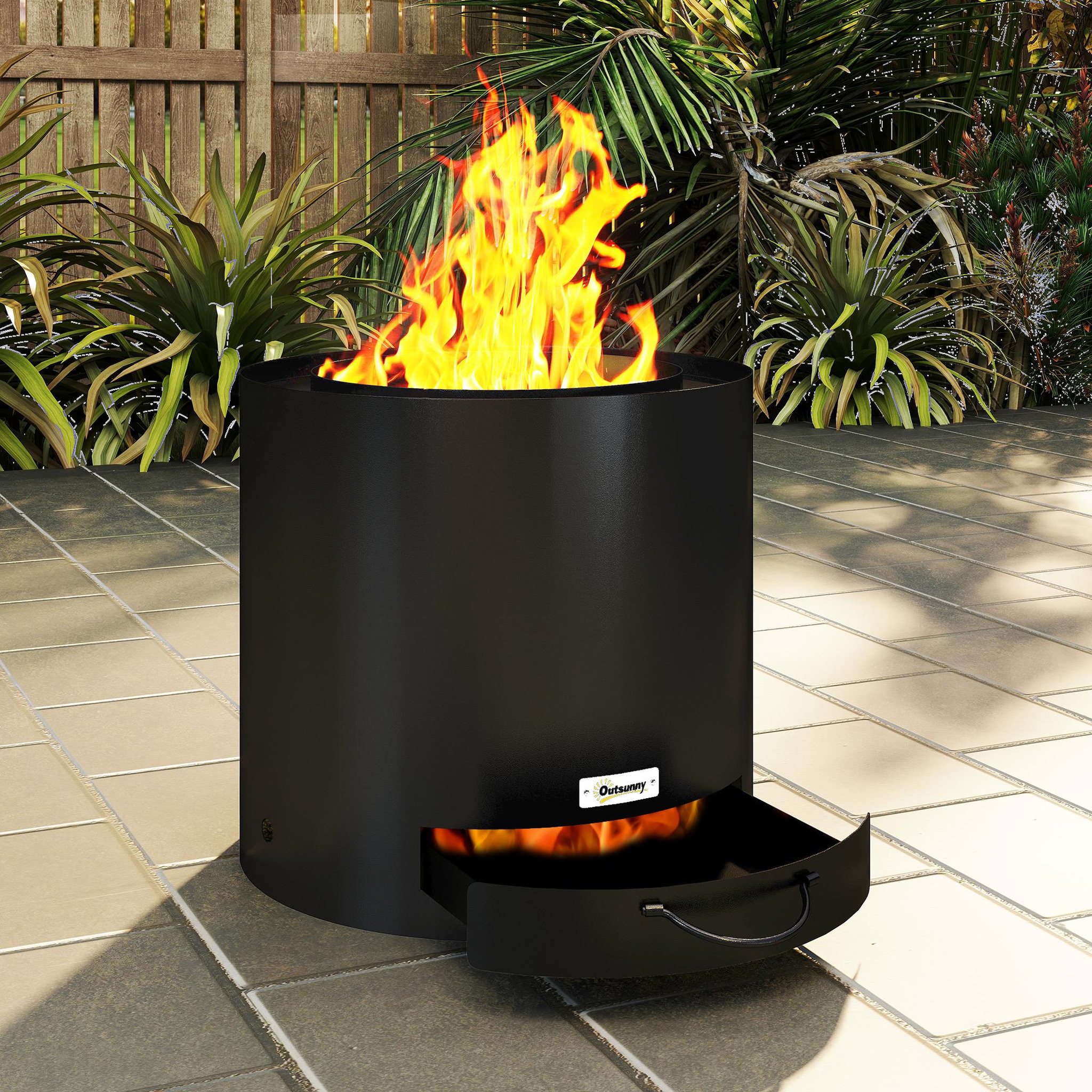 Voir la diapositive 2 : OUTSUNNY Brasero extérieur Ø45 cm design - bac à cendres intégré, tisonnier - acier noir