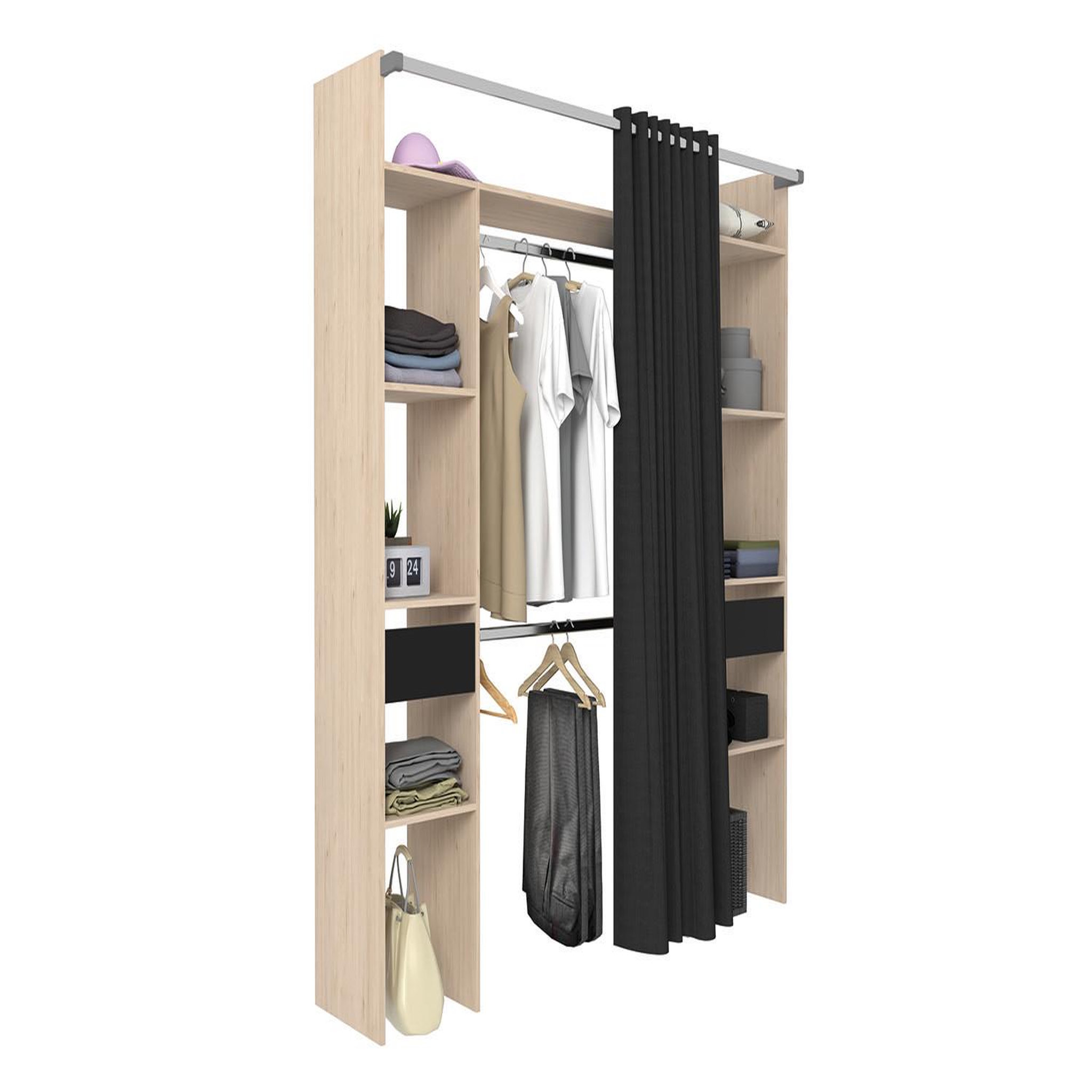 Voir la diapositive 4 : CONCEPT USINE Dressing bois avec rideau noir et 2 penderies 6 étagères et 2 tiroirs elysee