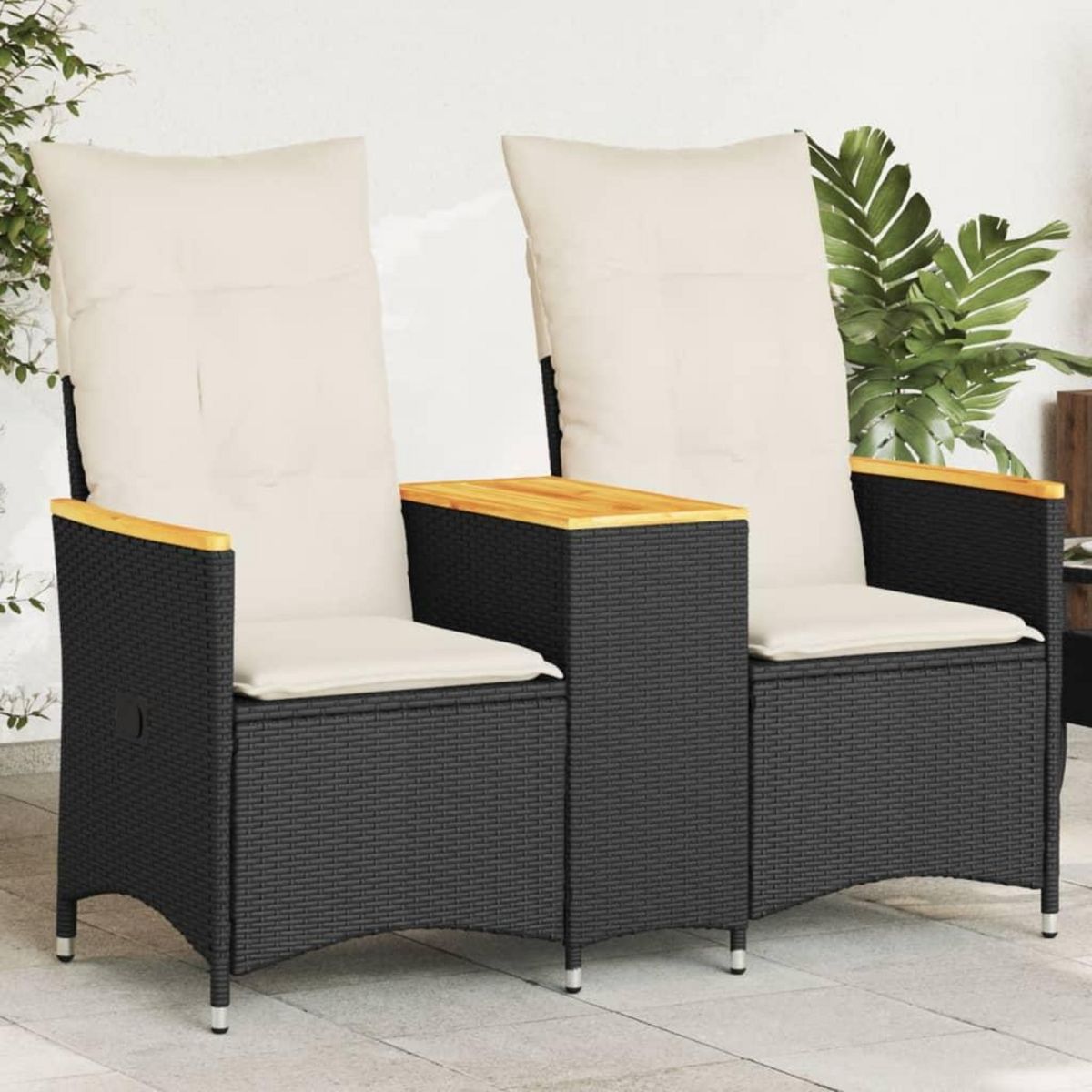 VIDAXL Canape de jardin inclinable 2 places avec table noir poly rotin