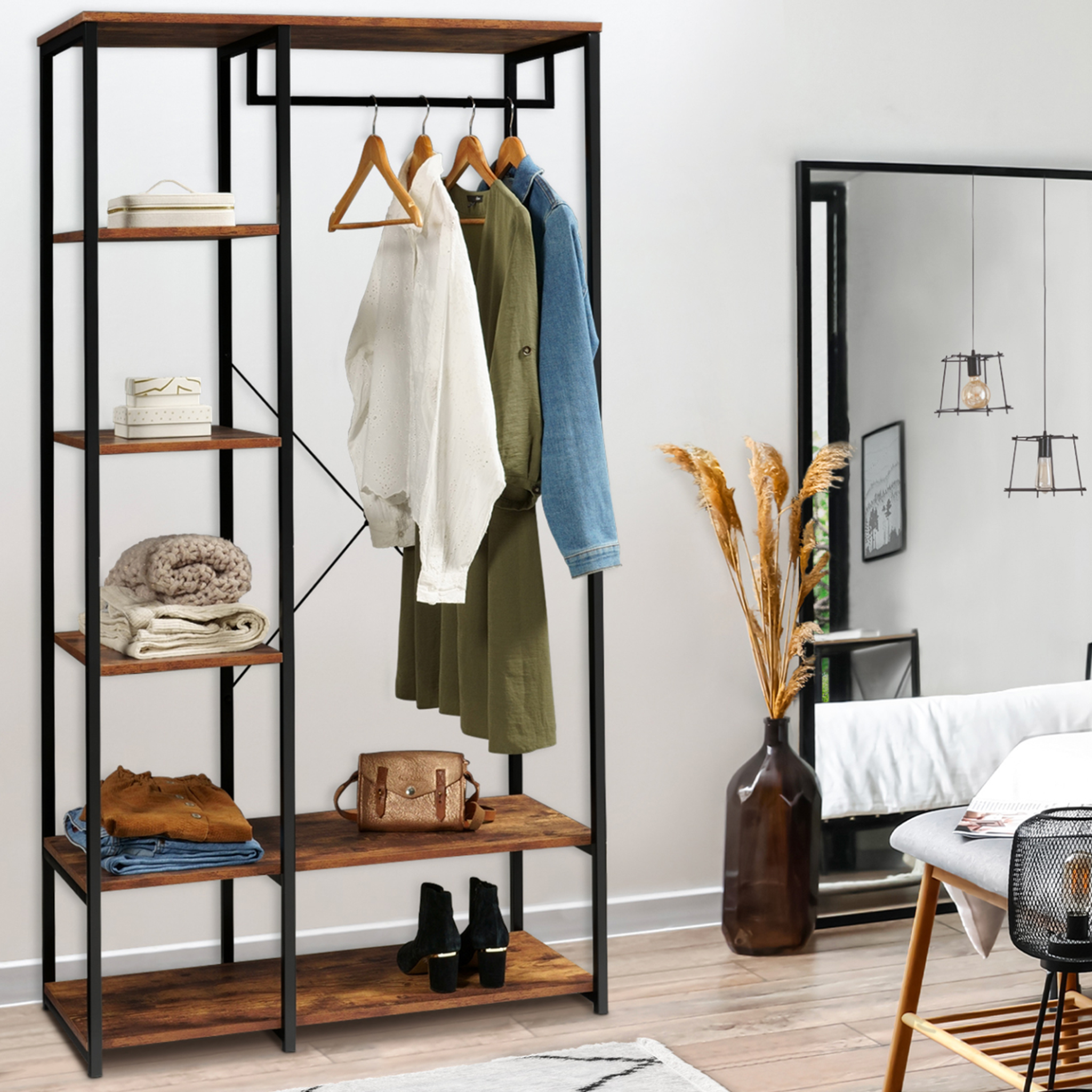 Voir la diapositive 2 : ID MARKET Dressing penderie étagères l. 90 cm hawkins bois foncé design industriel
