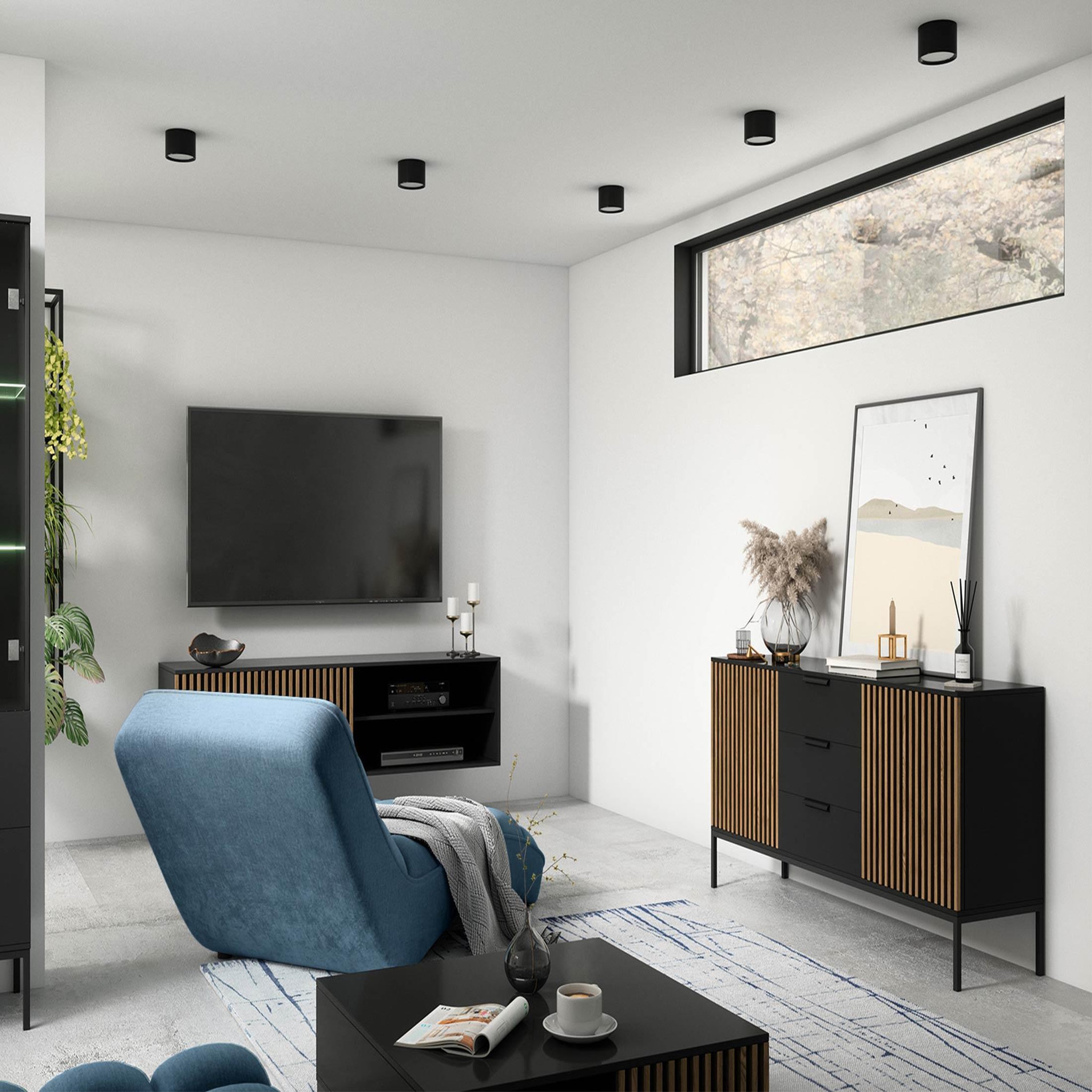 Voir la diapositive 5 : BEST MOBILIER Savanna - buffet bas - effet bois et noir - 3 tiroirs et 2 portes - 150 cm