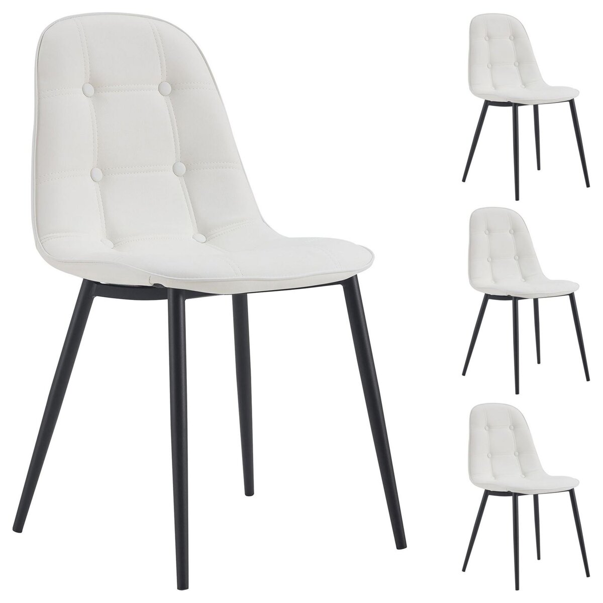 IDIMEX Lot de 4 chaises ALVARO pour salle à manger ou cuisine avec 4 pieds  en métal noir et assise capitonnée, revêtement synthétique blanc pas cher 