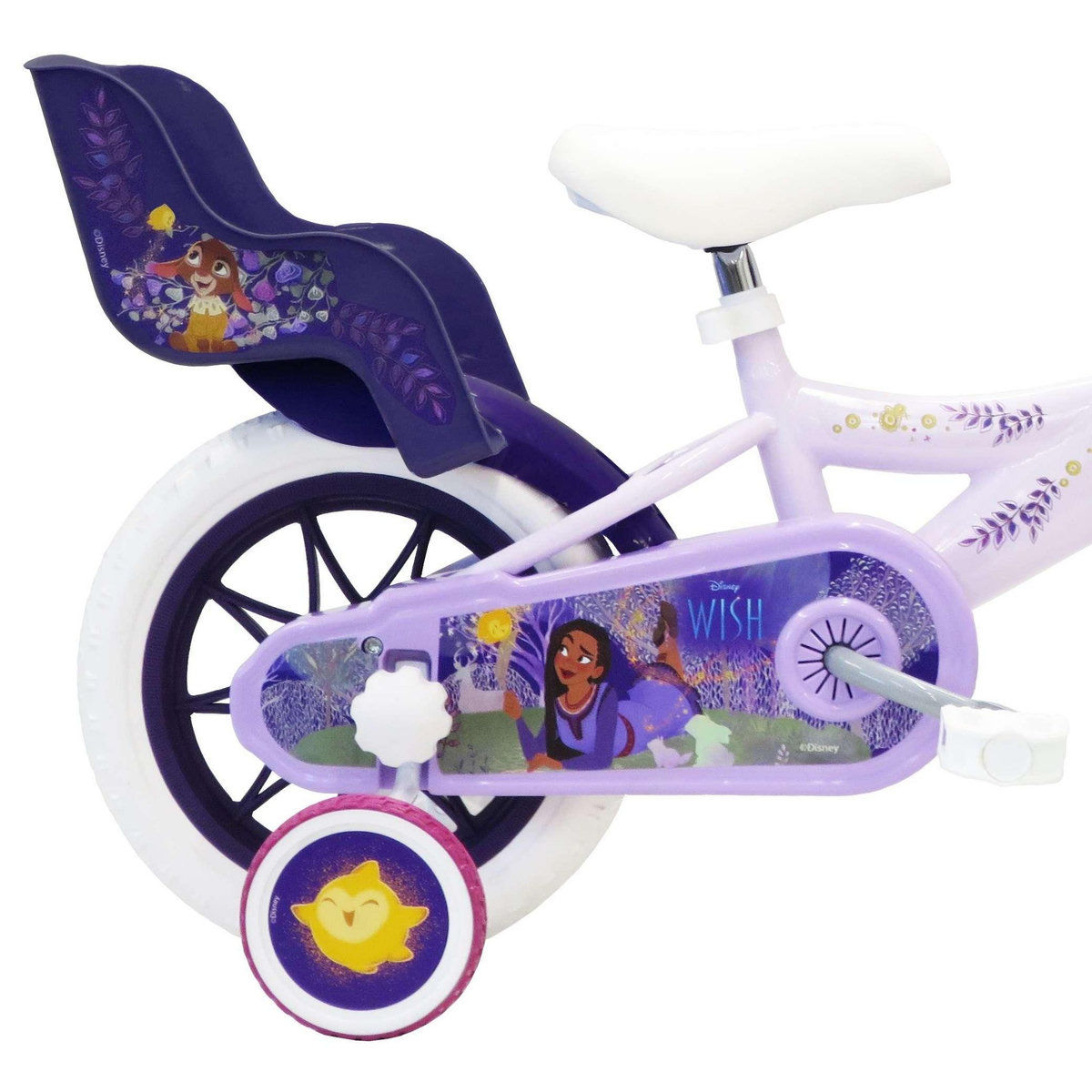 DISNEY Vélo 12''  Fille Licence  Wish, Asha et la bonne étoile  pour enfant de 85/100 cm avec stabilisateurs à molettes - 1 frein - Panier avant - Porte poupée arrière et pneus gonglables