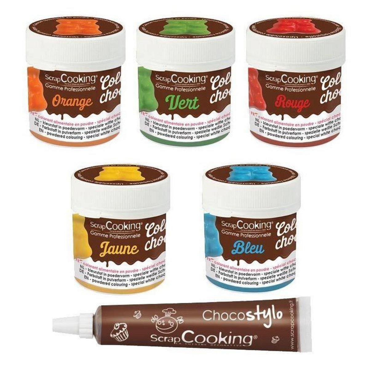 SCRAPCOOKING 5 colorants alimentaires liposolubles bleu-jaune-rouge-vert-orange + 1 Stylo chocolat