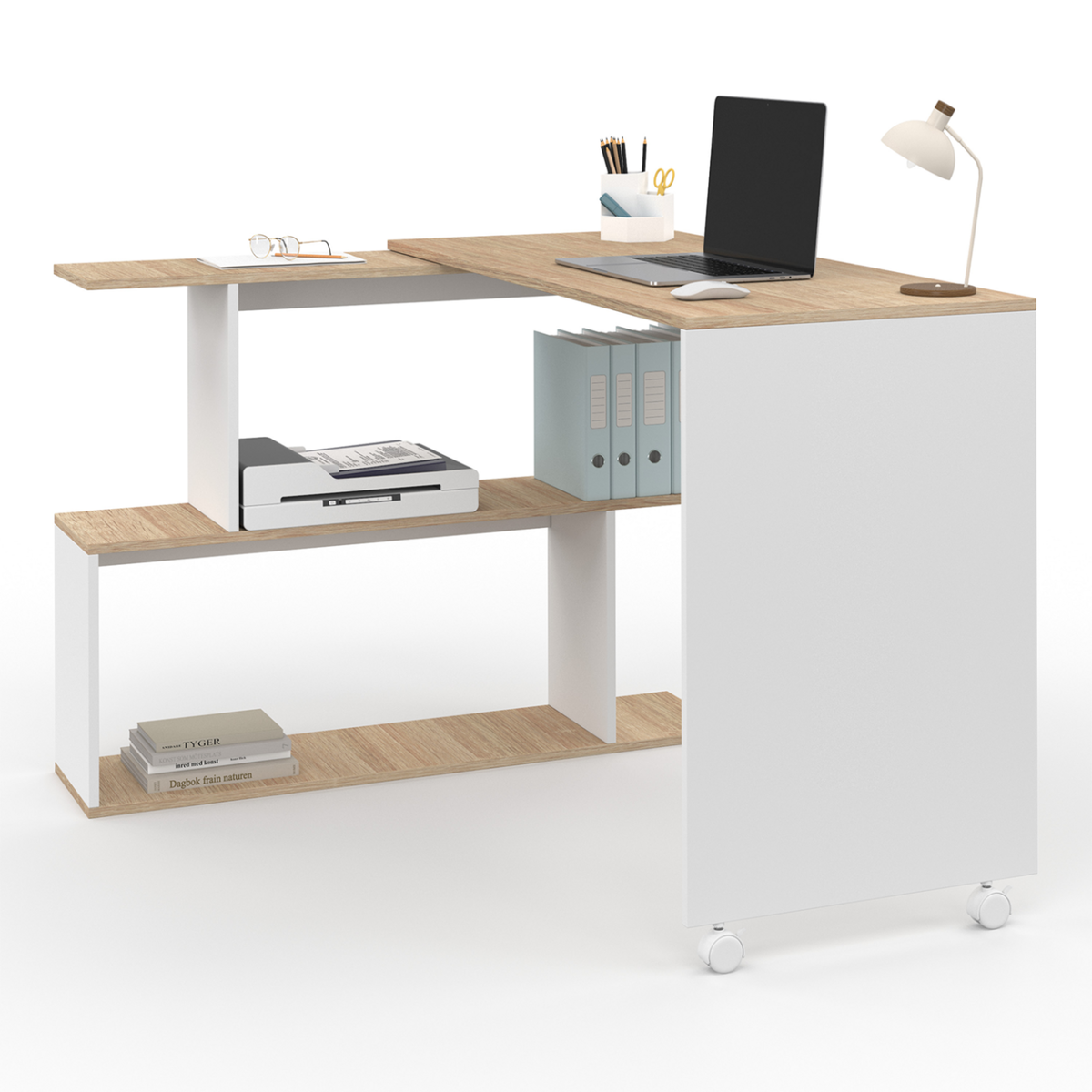 ID MARKET Bureau d'angle rotatif 180° JOY étagère forme S bois façon hêtre et blanc