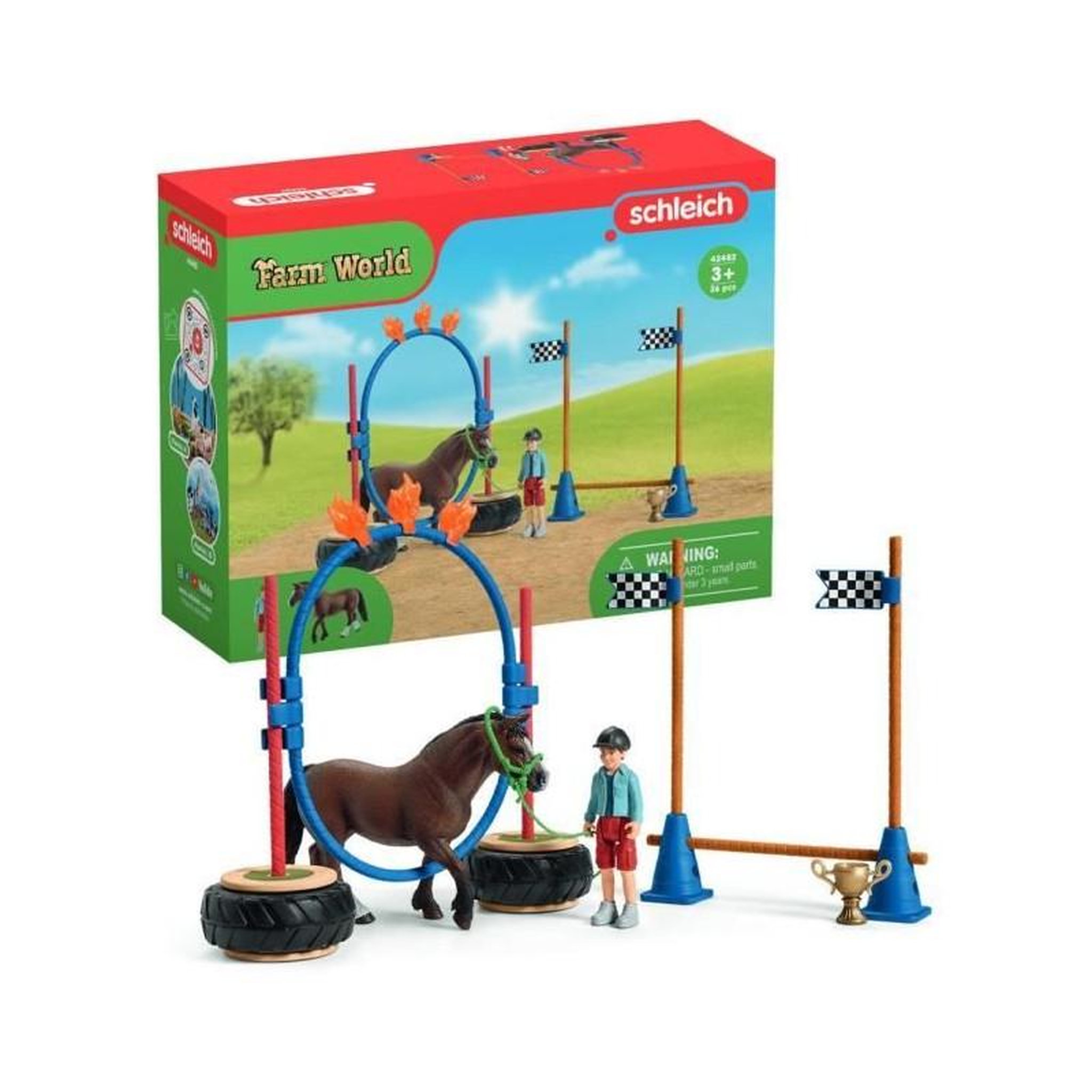 Schleich Course d'agility pour poney -Coffret de jeu avec 1 figurine de poney et 1 figurine humaine - SCHLEICH 42482 FARM WORLD
