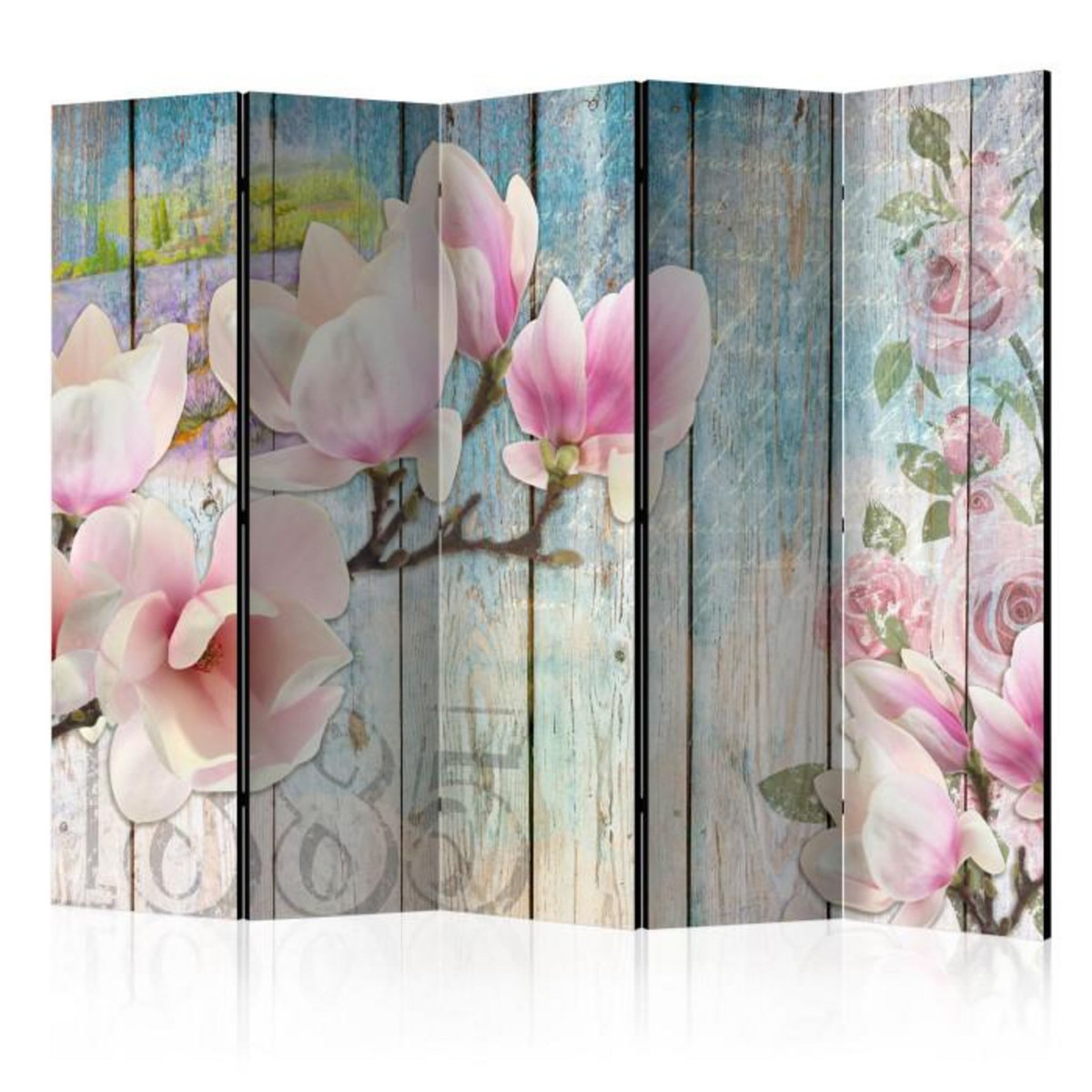 Paris Prix Paravent 5 Volets  Pink Flowers on Wood  172x225cm